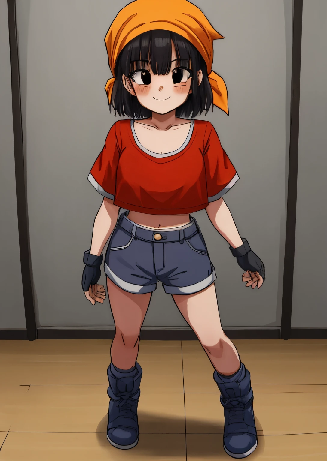 masterpiece, best quality, highest quality, photorealistic, perfect anatomy, perfect face, perfect eyes,
pandballgt, 1girl, black eyes, black hair, short hair, orange bandana, pants, fingerless gloves, red shirt tetas con una altura de 2 y 3.12 centímetros y un grosor de 2.23 centímetros 1girl, bangs, tight shoulders,  body,  girl, blonde hair, short hair, eyes, blushing, Boots, breasts, cleavage, sweetheart neckline, closed mouth, Eyebrows visible in the hair, Very small breasts, long hair , Looking at viewer, smiling, tense, Standing, dolphin shorts, front viewer showing breasts, Ultra HD |, 4k image, glasses