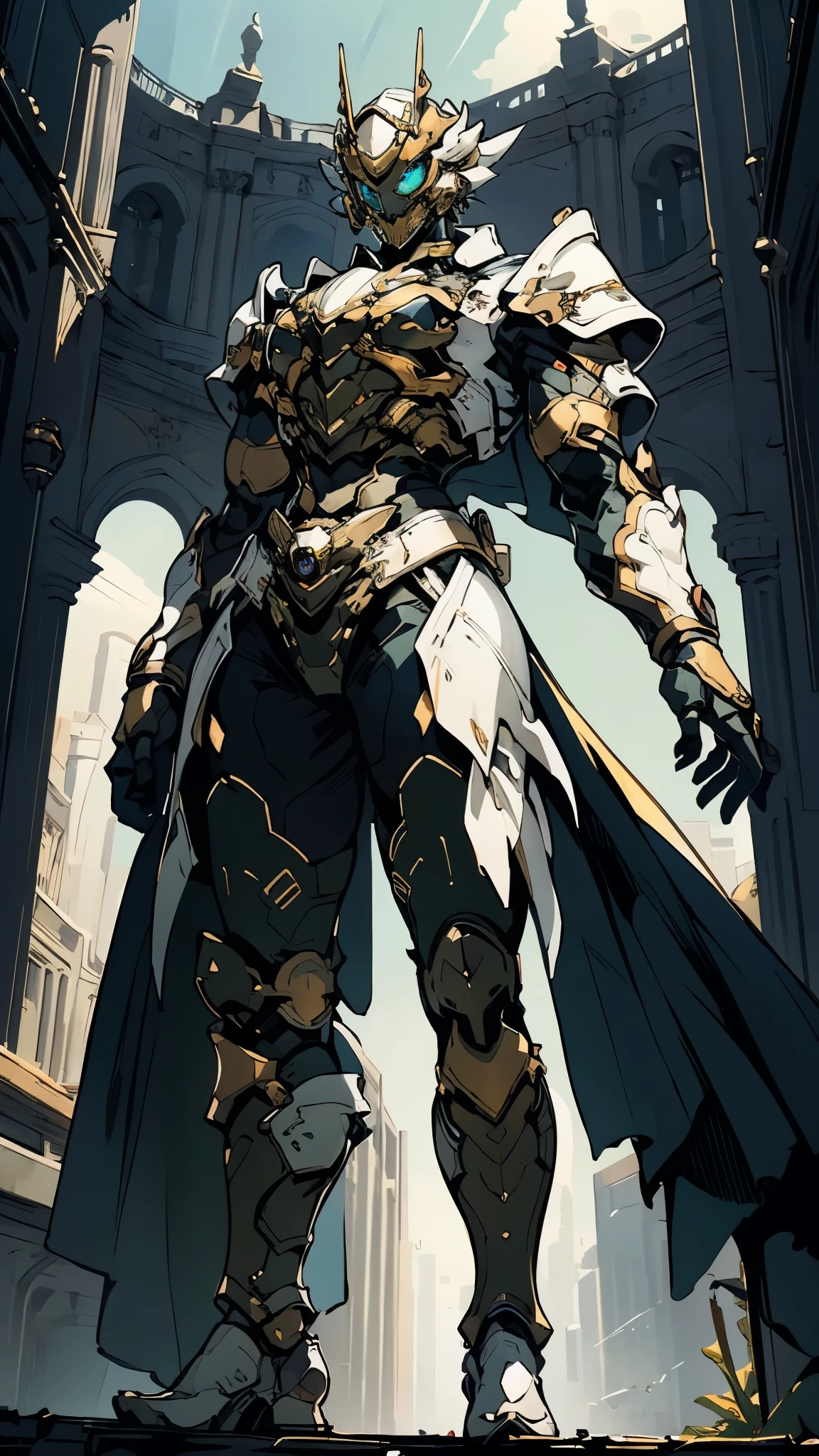 A woman adorned in fantasy-style full-body armor, a crown-concept fully enclosed helmet that unveils only her eyes, a composite layered chest plate, fully encompassing shoulder and hand guards, a lightweight waist armor, form-fitting shin guards, the overall design is heavy-duty yet flexible, (the armor gleams with a golden glow, complemented by red and blue accents), exhibiting a noble aura, she floats above a fantasy-surreal high-tech city, this character embodies a finely crafted fantasy-surreal style armored hero in anime style, exquisite and mature manga art style, (mixture of Queen bee and Spider concept Armor, plasma), ((Element, elegant, goddess, femminine:1.5)), metallic, high definition, best quality, highres, ultra-detailed, ultra-fine painting, extremely delicate, professional, anatomically correct, symmetrical face, extremely detailed eyes and face, high quality eyes, creativity, RAW photo, UHD, 32k, Natural light, cinematic lighting, masterpiece-anatomy-perfect, masterpiece:1.5