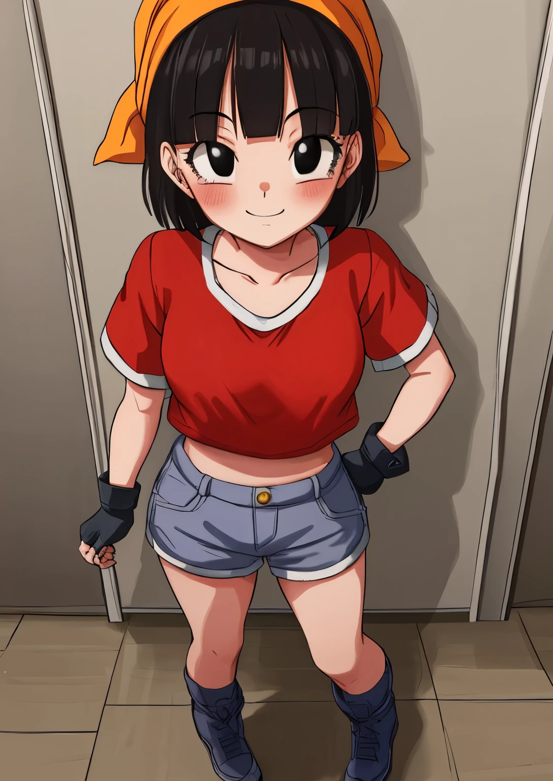 masterpiece, best quality, highest quality, photorealistic, perfect anatomy, perfect face, perfect eyes,
pandballgt, 1girl, black eyes, black hair, short hair, orange bandana, pants, fingerless gloves, red shirt tetas con una altura de 2 y 3.12 centímetros y un grosor de 2.23 centímetros 1girl, bangs, tight shoulders,  body, 10 year old girl, blonde hair, short hair, eyes, blushing, Boots, breasts, cleavage, sweetheart neckline, closed mouth, Eyebrows visible in the hair, Very small breasts, long hair , Looking at viewer, smiling, tense, Standing, dolphin shorts, front viewer showing breasts, Ultra HD |, 4k image, glasses