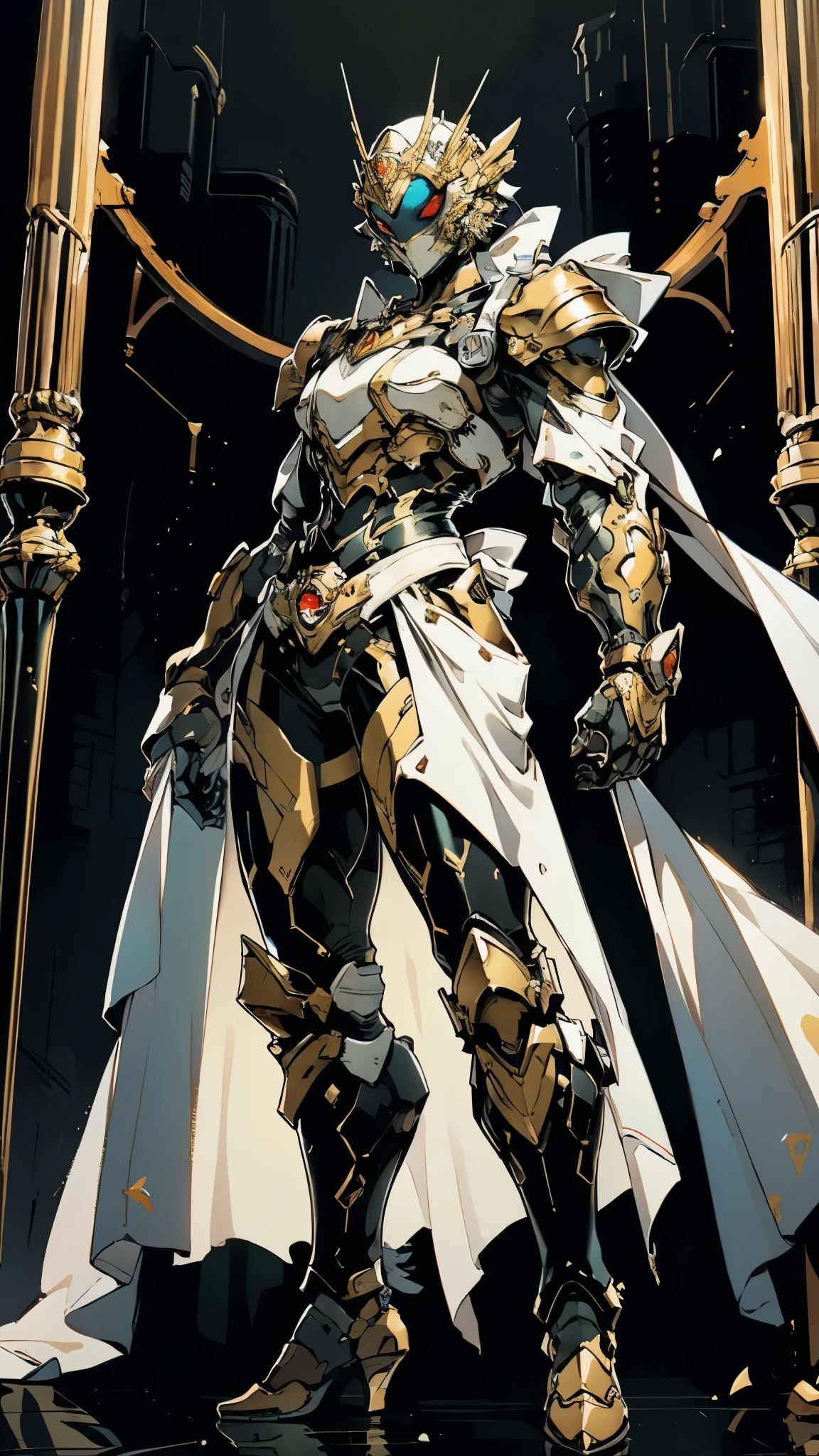 A woman adorned in fantasy-style full-body armor, a crown-concept fully enclosed helmet that unveils only her eyes, a composite layered chest plate, fully encompassing shoulder and hand guards, a lightweight waist armor, form-fitting shin guards, the overall design is heavy-duty yet flexible, (the armor gleams with a golden glow, complemented by red and blue accents), exhibiting a noble aura, she floats above a fantasy-surreal high-tech city, this character embodies a finely crafted fantasy-surreal style armored hero in anime style, exquisite and mature manga art style, (mixture of Queen bee and Spider concept Armor, plasma), ((Element, elegant, goddess, femminine:1.5)), metallic, high definition, best quality, highres, ultra-detailed, ultra-fine painting, extremely delicate, professional, anatomically correct, symmetrical face, extremely detailed eyes and face, high quality eyes, creativity, RAW photo, UHD, 32k, Natural light, cinematic lighting, masterpiece-anatomy-perfect, masterpiece:1.5