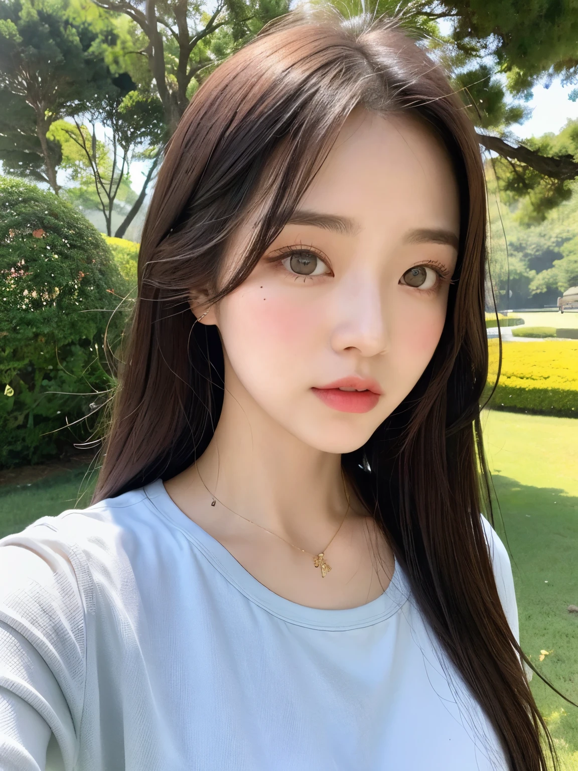 Un primer plano de una mujer con cabello largo y una camisa blanca, maquillaje popular de Corea del Sur, Joven y adorable rostro coreano, Beautiful aesthetic face, con cara redonda, chica linda-fina-cara, Wan adorable cara coreana, maquillaje coreano popular, Linda cara de anime natural, ulzzang, Chica coreana, south east asian con cara redonda, Peinado blanco de corte hime en un paisaje bonito