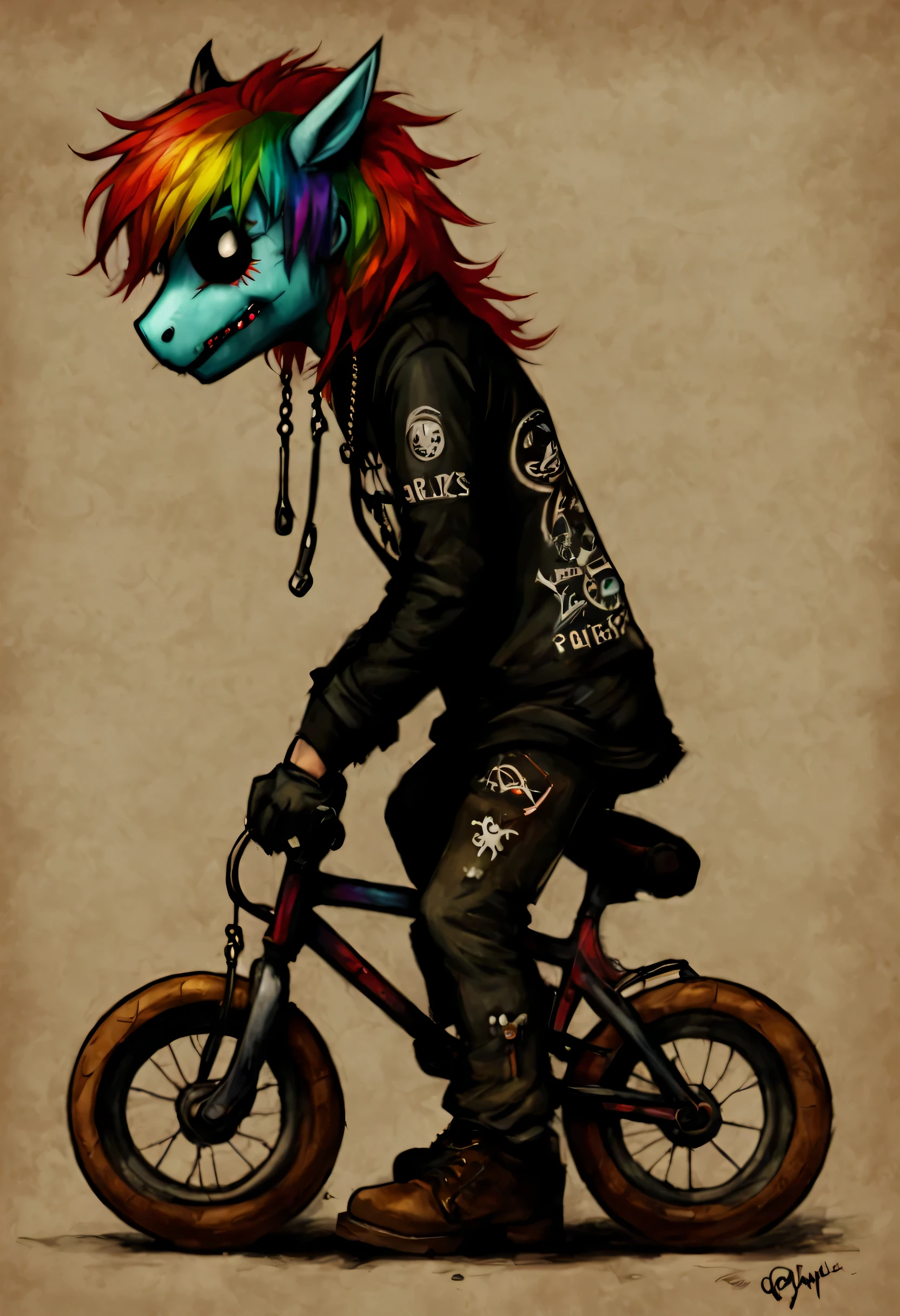 creepypasta1comic art in doodles, nosotros japon: personaje emo1pony pony1boy de pelo arcoiris imprimir palabra "owells". con: ("en collar de cadena de bicicleta". metal mask. camisetas negras de manga larga. cuerpo completo. ojos de sangre), El dibujo parece tosco y esbozado., con crazy lines and visible strokes. and the design appears to be inspired by styles often found in emos drawings or emo scene art.. style my little pony