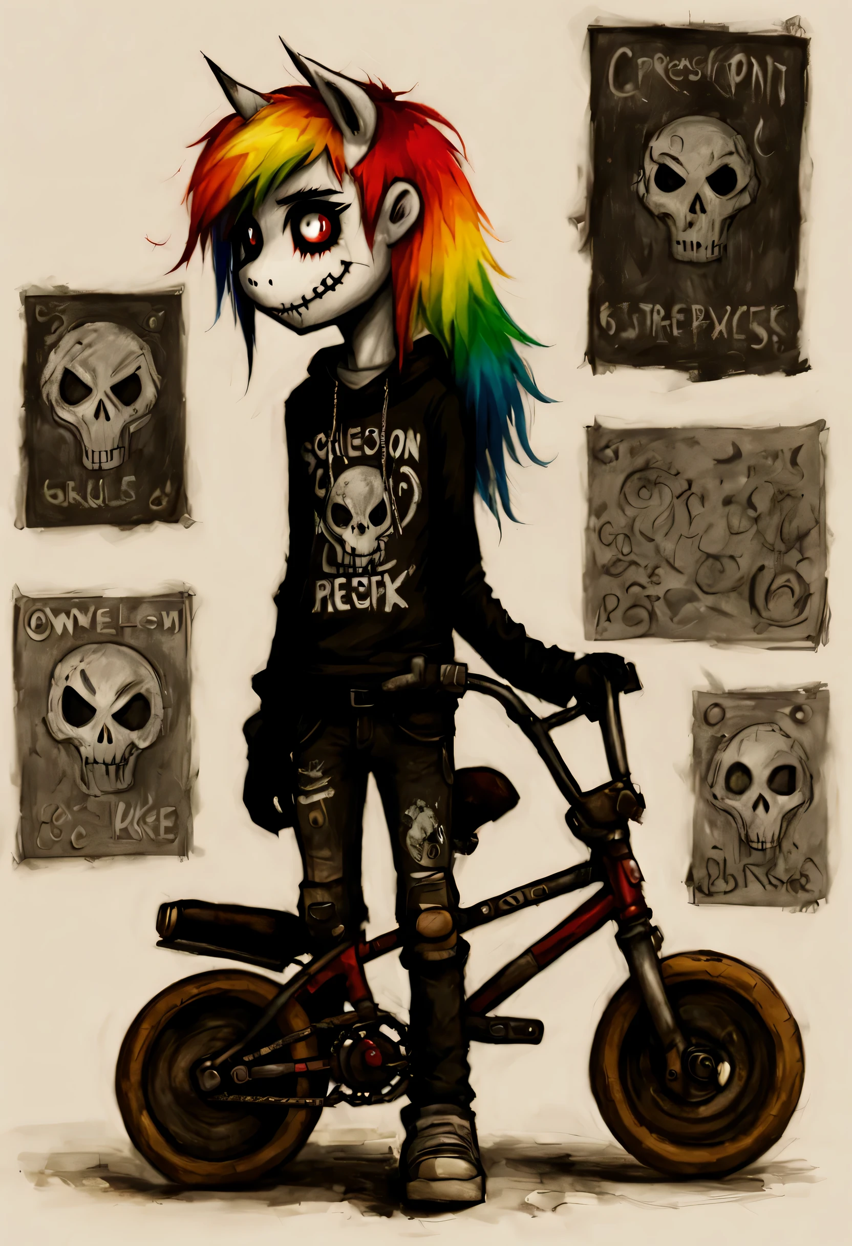 creepypasta1comic art in doodles, nosotros japon: personaje emo1pony pony1boy de pelo arcoiris imprimir palabra "owells". con: ("en collar de cadena de bicicleta". metal mask. camisetas negras de manga larga. cuerpo completo. ojos de sangre), El dibujo parece tosco y esbozado., con crazy lines and visible strokes. and the design appears to be inspired by styles often found in emos drawings or emo scene art.. style my little pony