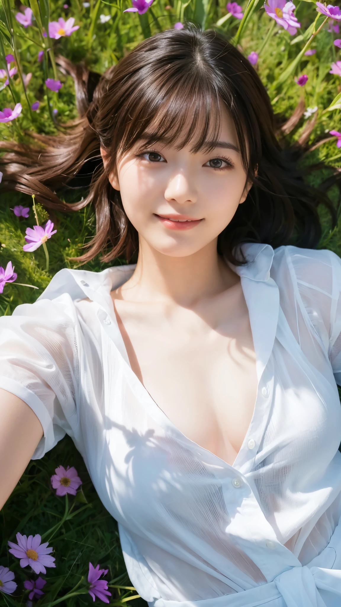 (highest quality,masterpiece:1.3,ultra high resolution),(Super detailed,caustics,8k),(photorealistic:1.4,RAW shooting),(girl lying in a flower field),18-year-old,cute,Japanese,black short hair,look up at the camera with a smile,white blouse,(big ),bust up shot,(high position),(high angle),face focus,face close up,bright light,Natural light,professional writing