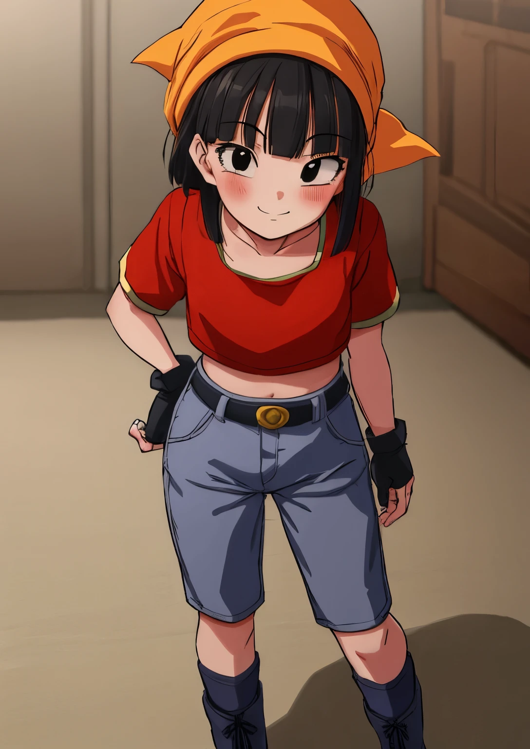 masterpiece, best quality, highest quality, photorealistic, perfect anatomy, perfect face, perfect eyes,
pandballgt, 1girl, black eyes, black hair, short hair, orange bandana, pants, fingerless gloves, red shirt tetas con una altura de 2 y 1.2 centímetros y un grosor de 1.2 centímetros 1girl, bangs, tight shoulders,  body, 10 year old girl, blonde hair, short hair, eyes, blushing, Boots, breasts, cleavage, sweetheart neckline, closed mouth, Eyebrows visible in the hair, Very small breasts, long hair , Looking at viewer, smiling, tense, Standing, dolphin shorts, front viewer showing breasts, Ultra HD |, 4k image, glasses