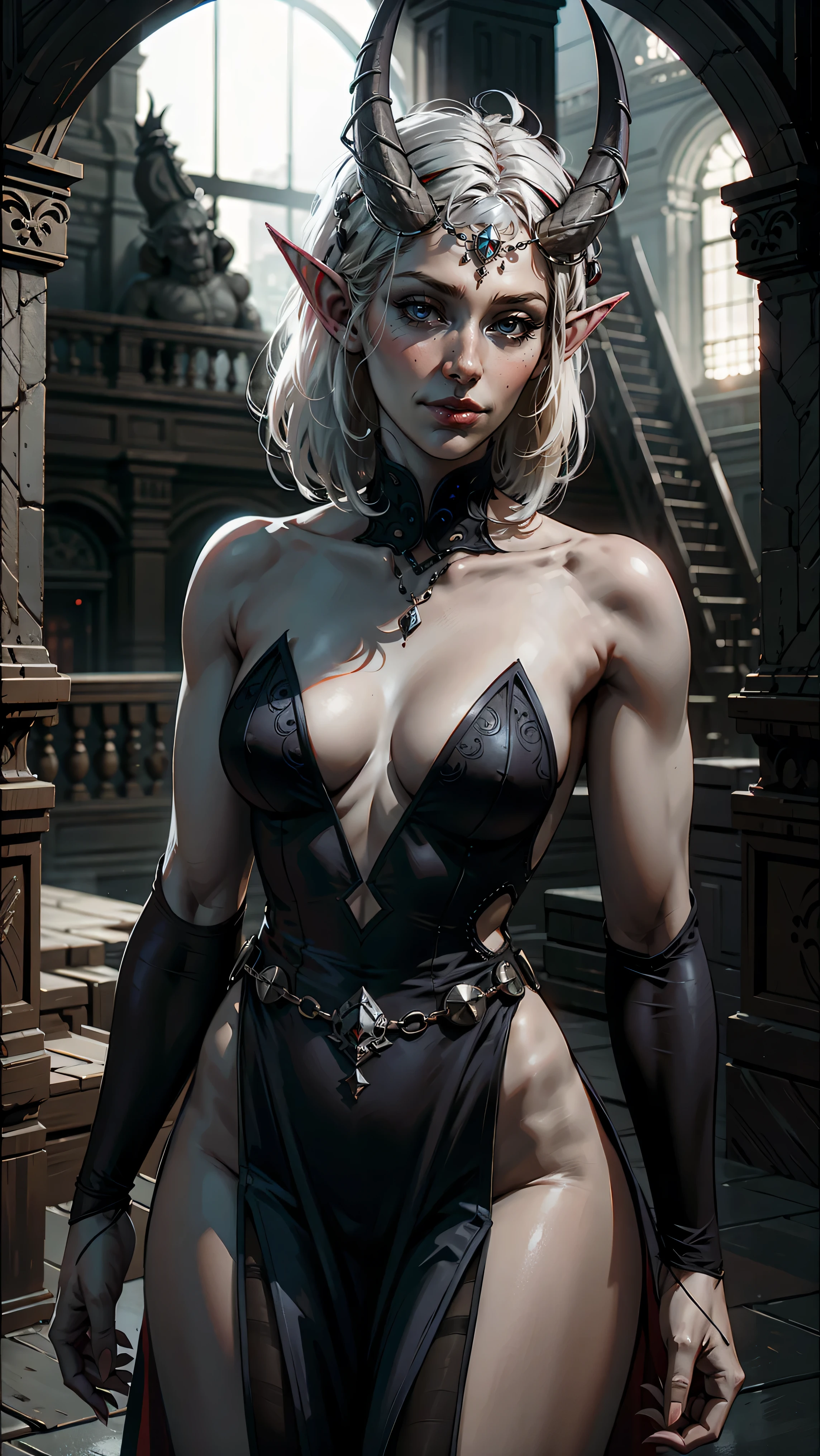 naked ,elf girl, 1girl, horns, red eyes,dark black dress, white hair, grey skin, cowboy shot,
