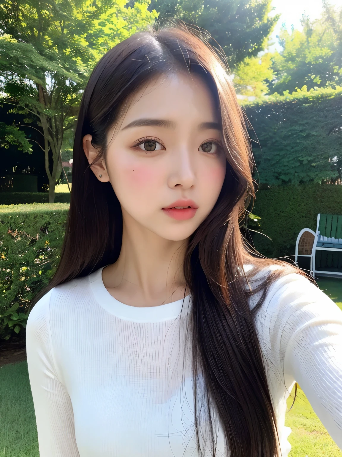 Un primer plano de una mujer con cabello largo y una camisa blanca, maquillaje popular de Corea del Sur, Joven y adorable rostro coreano, Beautiful aesthetic face, con cara redonda, chica linda-fina-cara, Wan adorable cara coreana, maquillaje coreano popular, Linda cara de anime natural, ulzzang, Chica coreana, south east asian con cara redonda, Peinado blanco de corte hime en un paisaje bonito