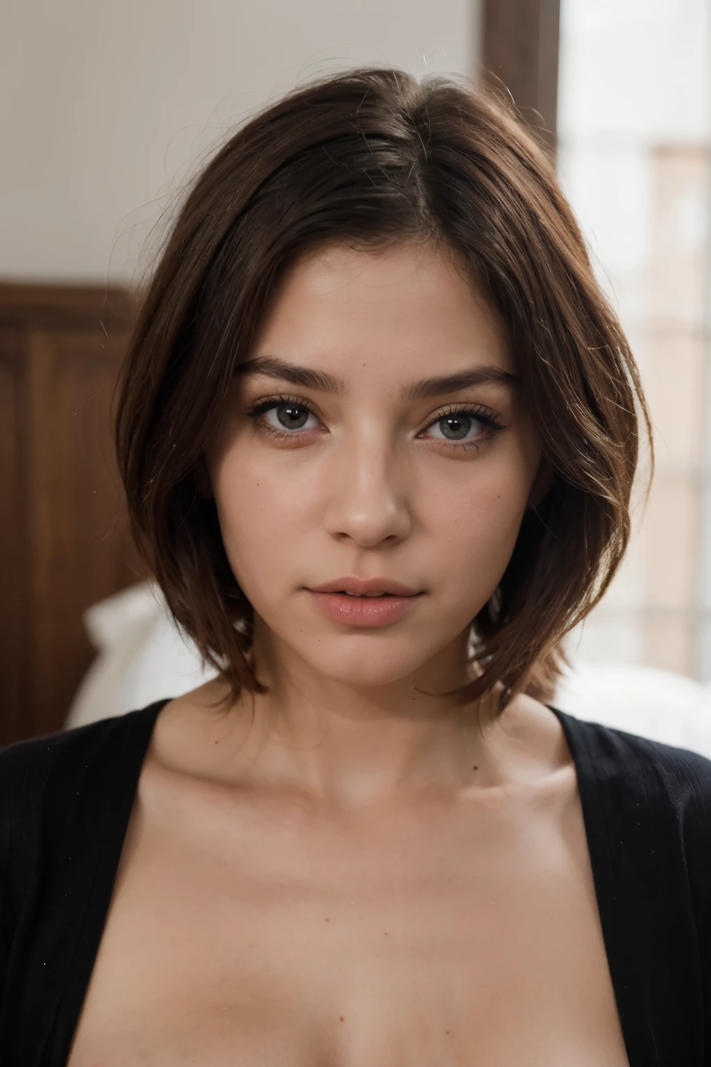 Imagen de una mujer solo de la cara, muy linda, ojos azules, rostro angelical, sensual, imagen realista, nariz perfecta, facciones perfectas, pelo corto hasta el cuello 