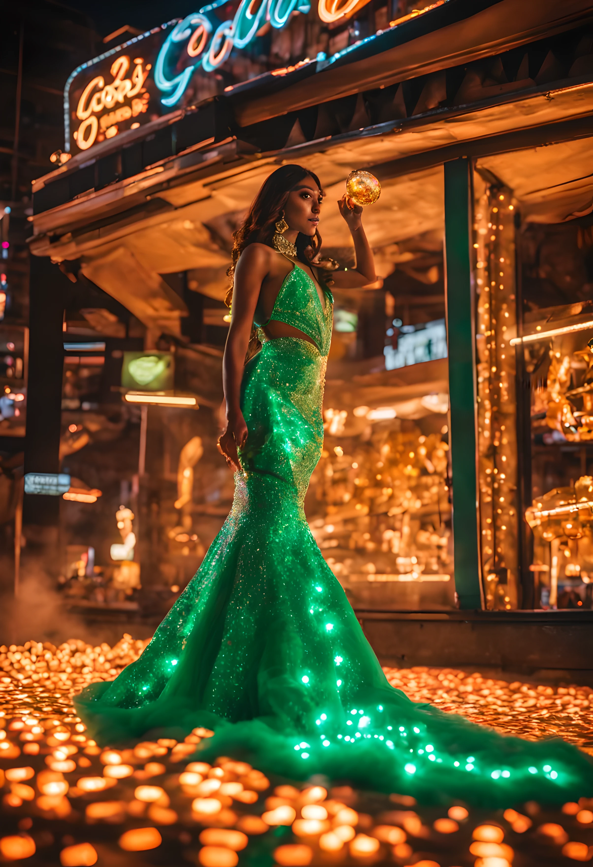 next improvize the prompt and make it natural and cinematic with only girl wide flare up gown the coors are vibrant and various glowing neon and lights on her gown . here flaring is blending with the tapoca gems filled surroundings glittering