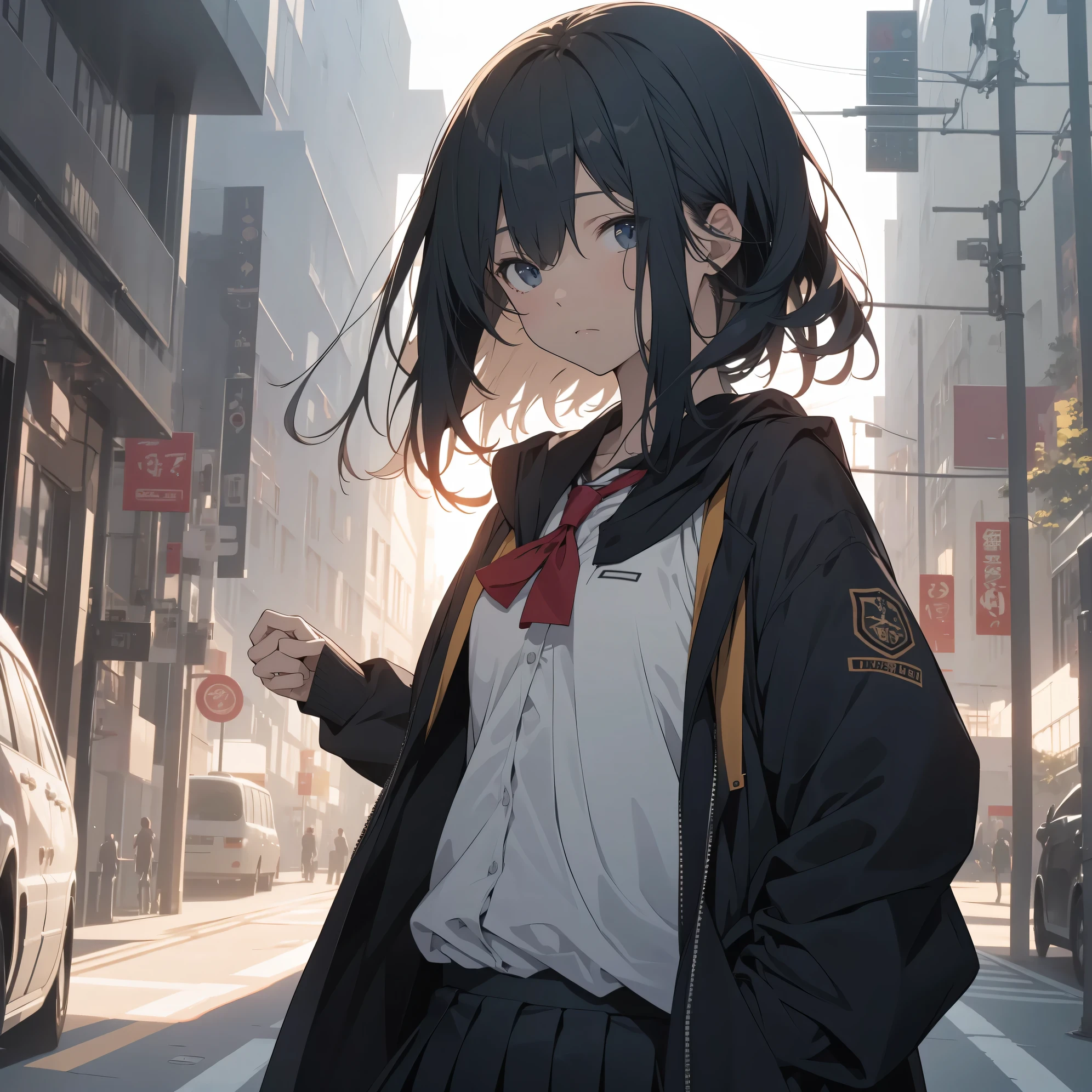 Ultra-highest quality by the art god, super detailed, High resolution, anime moe art style, Best Anime 8K Kona-chan Wallpaper, pixiv contest winner, perfect anatomy, break,(眠そうにalone学校へ行く女の子を描いてください. )break, 1 girl,(alone,little woman,:1.3),All limbs, full finger,, (very short hair,boyish hair), bangs, flat chest, small breasts, Because I'm slender, small ass, between legs,Big eyes, black eye, detailed and beautiful eyes, Well-proportioned iris and pupils, expressive eyes, High resolutionの詳細な髪, ribbon, Ascot, school uniform, school bag.(detailed lighting), (detailed background), On the way to school. break,super dense skin, Best lighting by famous artists, 8k, figure,Hmm, rough skin