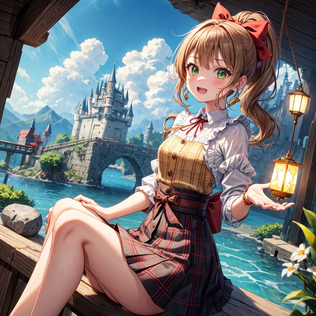 reddish-brown blonde、green eyes、ponytail、one good looking girl、solo、anime、plaid mini skirt、the skirt has buttons、camisole、black t-shirt、dress、wearing a ribbon、ribbon at waist、cloak、hood、clouds are swirling、stone slabs are piled up、one hand raised、Wearing a baseball cap 、crystal earrings、sun、sitting、gold coins are falling、teeth are visible、splash of water、monster castle、have a world map、bow、Swing、ceiling、frying pan、have a lantern