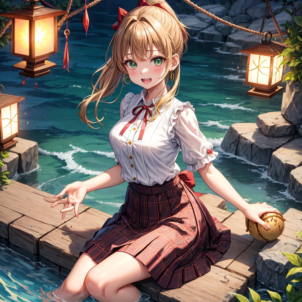 reddish-brown blonde、green eyes、ponytail、one good looking girl、solo、anime、plaid mini skirt、the skirt has buttons、camisole、black t-shirt、dress、wearing a ribbon、ribbon at waist、cloak、hood、clouds are swirling、stone slabs are piled up、one hand raised、Wearing a baseball cap 、crystal earrings、sun、sitting、gold coins are falling、teeth are visible、splash of water、monster castle、have a world map、bow、Swing、ceiling、frying pan、have a lantern