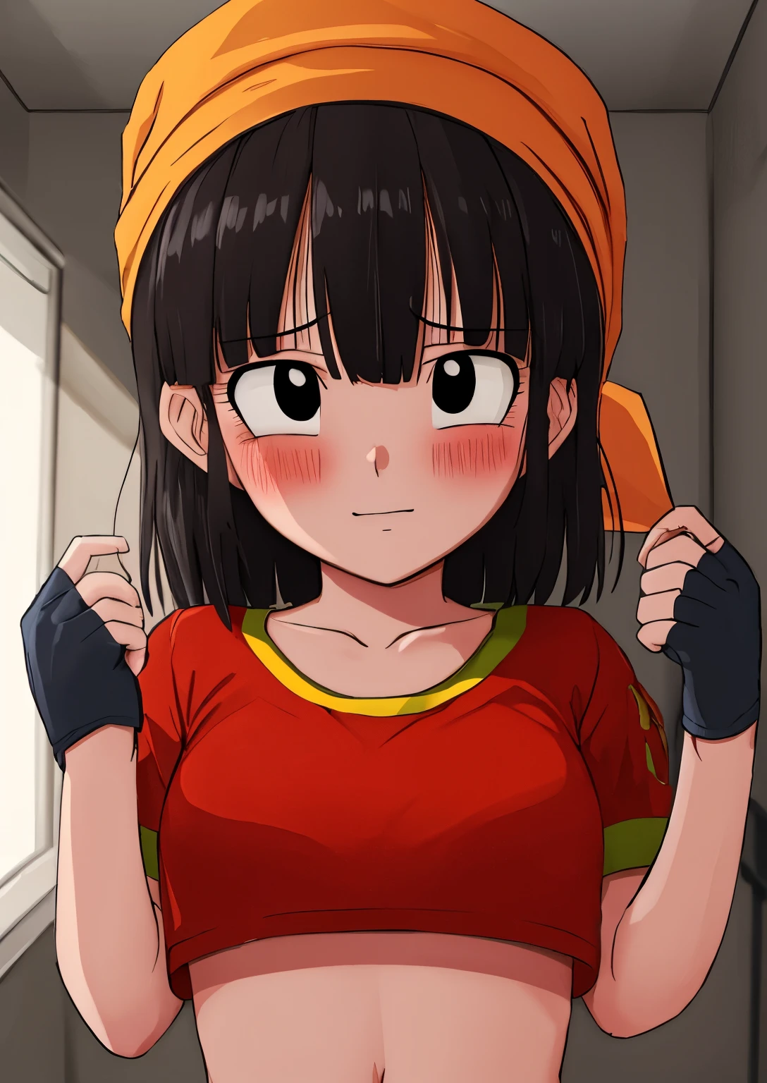 masterpiece, best quality, highest quality, photorealistic, perfect anatomy, perfect face, perfect eyes,
pandballgt, 1girl, black eyes, black hair, short hair, orange bandana, pants, fingerless gloves, red shirt tetas con una altura de 2 y 1.2 centímetros y un grosor de 1.2 centímetros  blush, emotional, long hair, underwear, bra, panties, shy, 