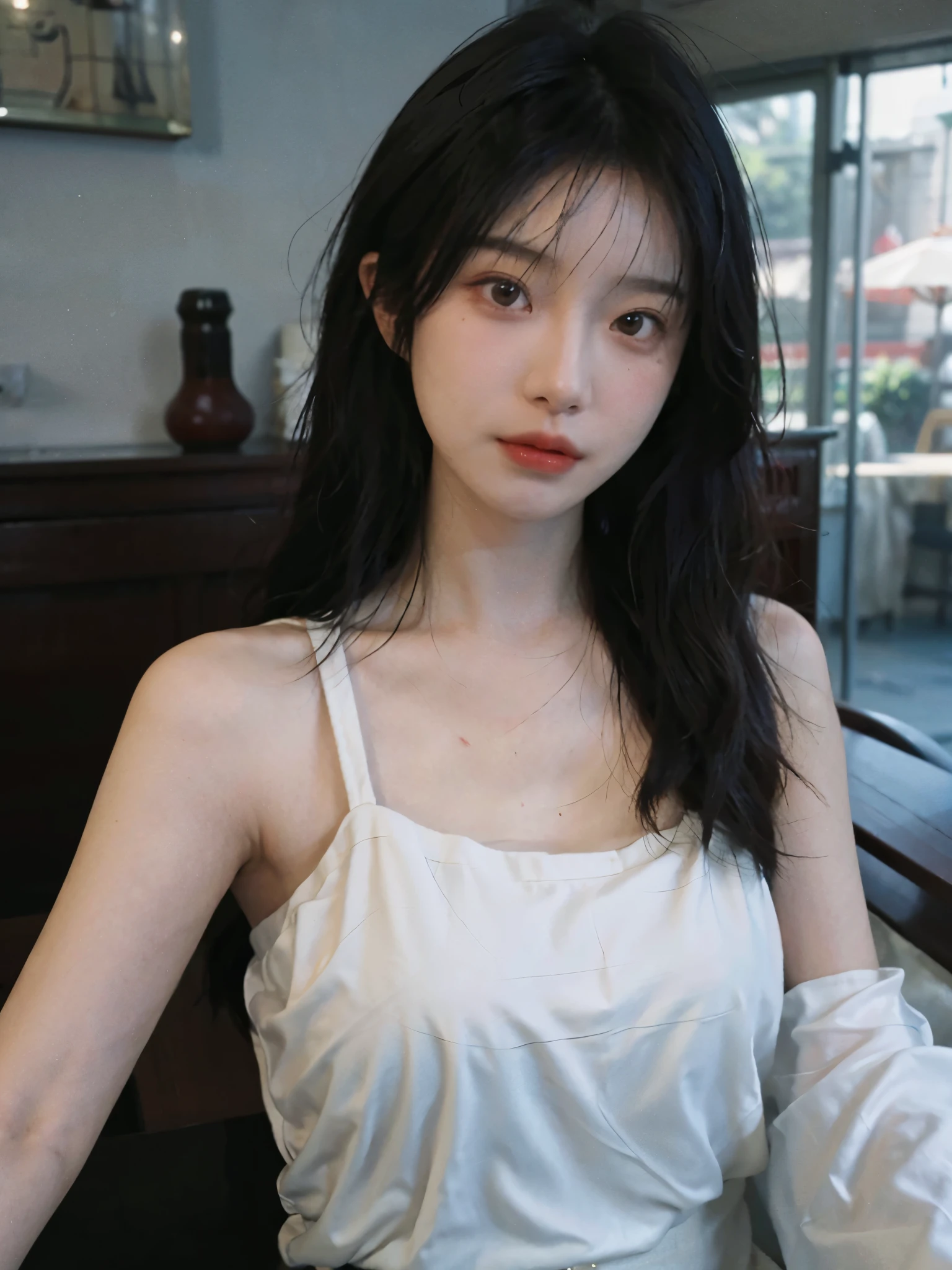 Film portrait photography, 2 girls, 2 girls,twin,bare shoulders, Shoulder length wavy hair, Snow-white cheongsam,(Realistic and detailed eyes, natural skin texture, Realistic facial details),, depth of field, Bokeh, Vibrant details, Detailed and detailed, Surrealism, 35mm film, hazy, ,Selfie,