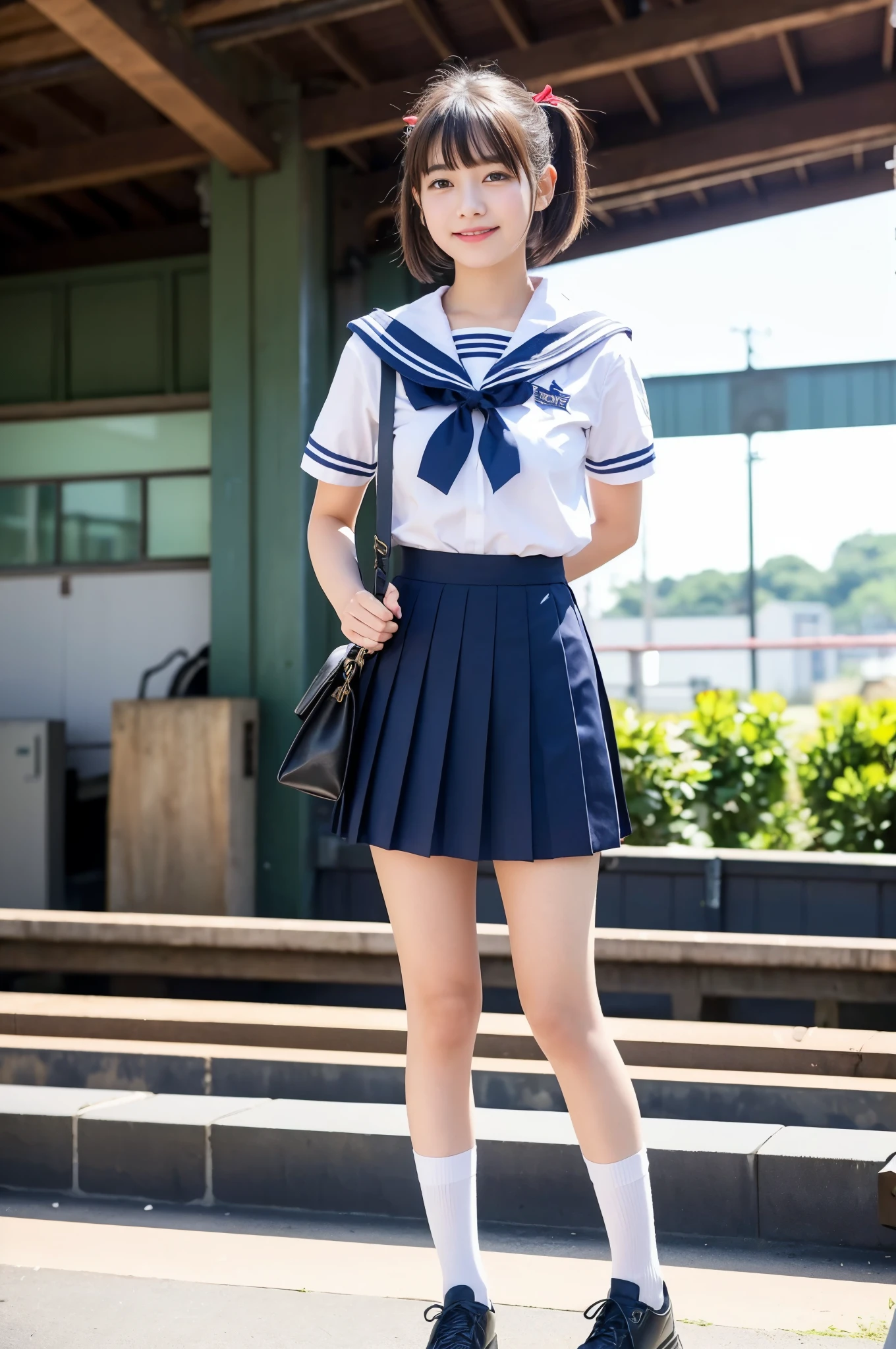 Girl on the platform of a rural station,White Sailor School Shirt,Navy blue high waist pleated skirt,Bow with a thin dark red ribbon on the hair,School bag,18year old,Bangs,A little smile,Knees,short cut hair,Low ponytail,From below