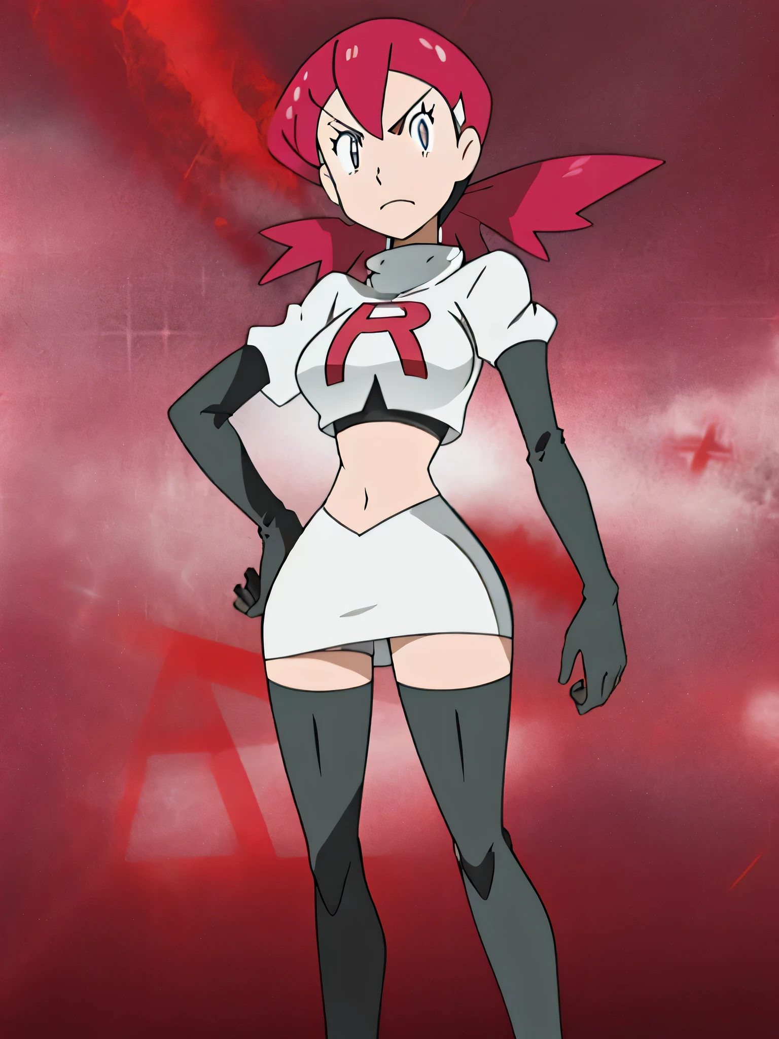 8k, ,1girl in, (solo:1.1), (perfect body:1.1), (best quality:1.1), very large breast, team rocket uniform, red letter r, white skirt,white crop top,black thigh-high boots, black elbow gloves, glaring angrily, looking down at viewer, hands on hips,zettai ryouiki,cowboy shot
