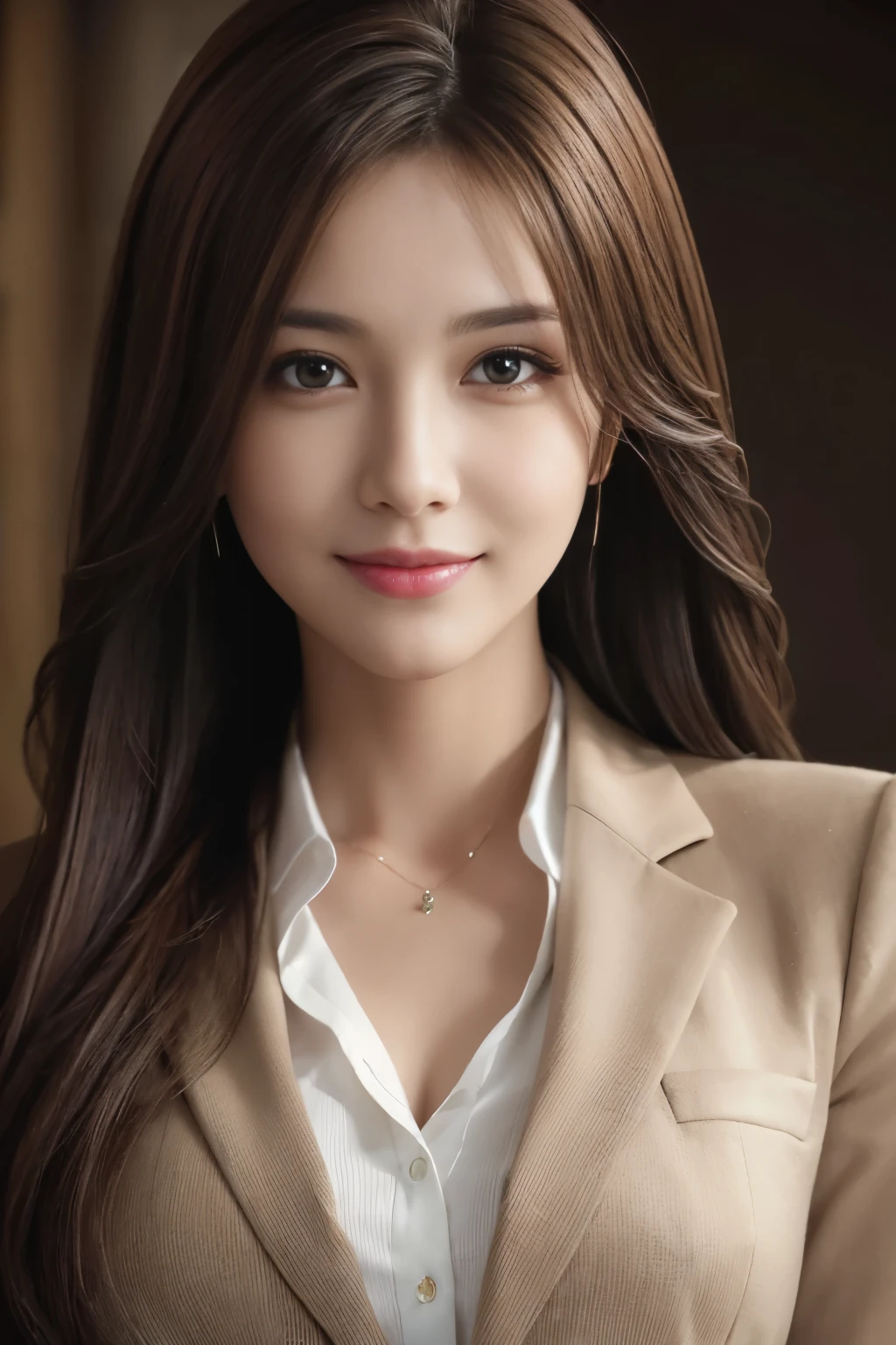 table top, highest quality, realistic, Super detailed, finely, High resolution, 8k wallpaper, 1 beautiful woman,, light brown messy hair, wearing a business suit, sharp focus, perfect dynamic composition, beautiful and detailed eyes, thin hair, Detailed realistic skin texture, smile, close-up portrait, model body shape