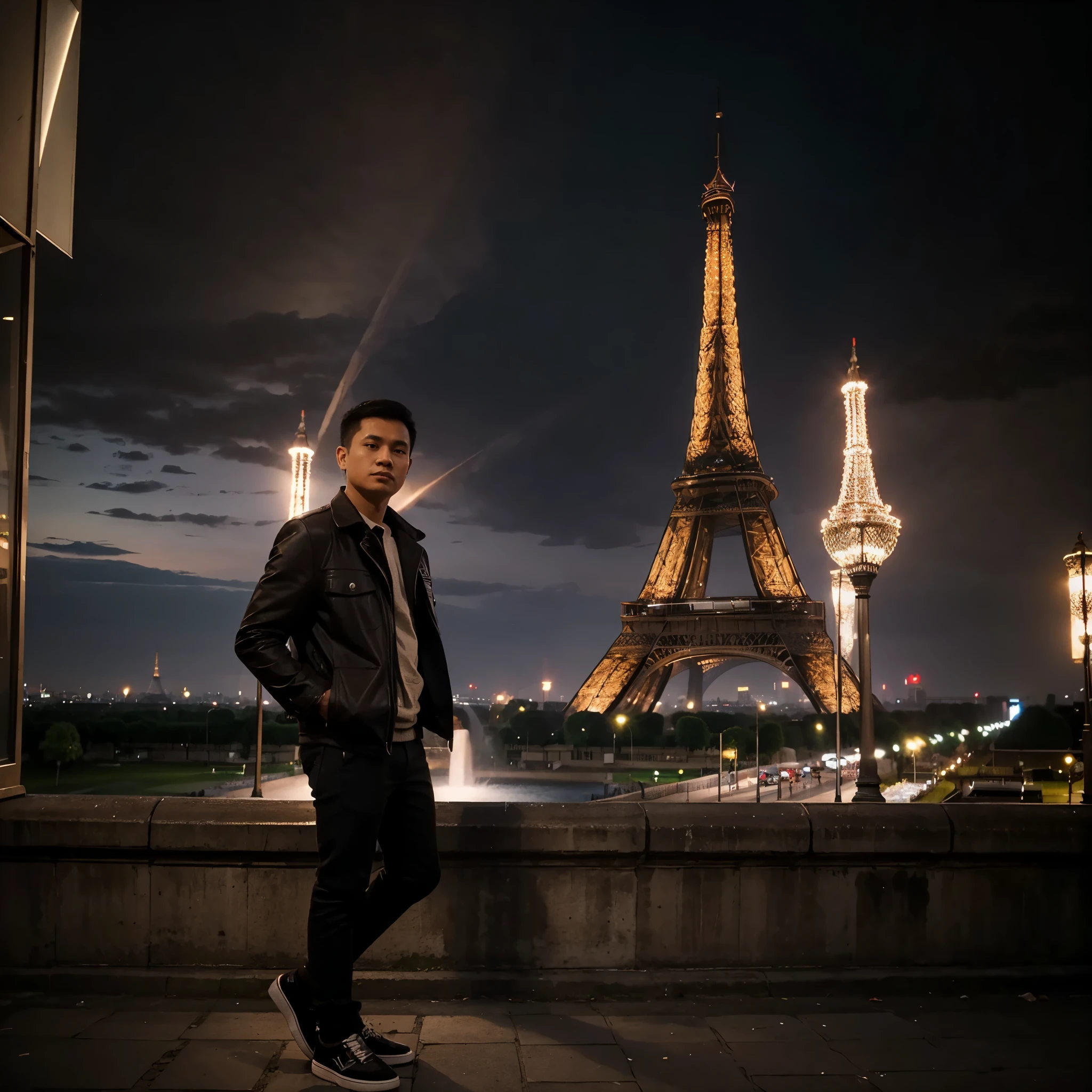 an Indonesian man with short hair wearing a dark brown jacket black shoes against the background of the Eiffel Tower, photography