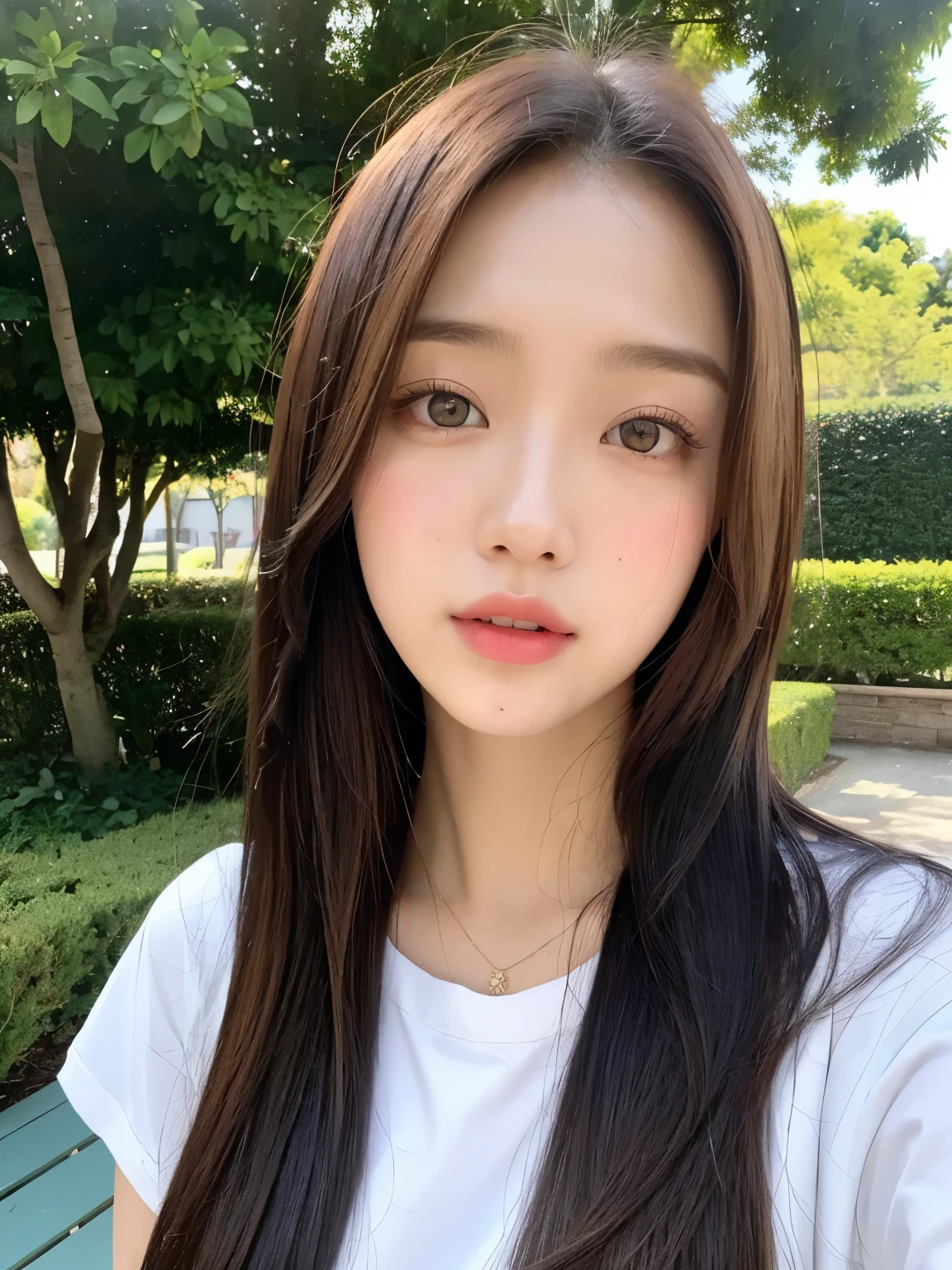 Un primer plano de una mujer con cabello largo y una camisa blanca, maquillaje popular de Corea del Sur, Joven y adorable rostro coreano, Beautiful aesthetic face, con cara redonda, chica linda-fina-cara, Wan adorable cara coreana, maquillaje coreano popular, Linda cara de anime natural, ulzzang, Chica coreana, south east asian con cara redonda, Peinado blanco de corte hime en un paisaje bonito