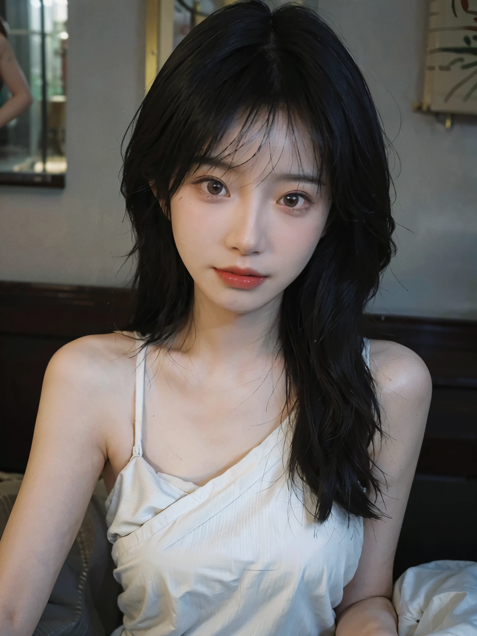 Film portrait photography, 2 girls, 2 girls,twin,bare shoulders, Shoulder length wavy hair, Snow-white cheongsam,(Realistic and detailed eyes, natural skin texture, Realistic facial details),, depth of field, Bokeh, Vibrant details, Detailed and detailed, Surrealism, 35mm film, hazy, ,Selfie,