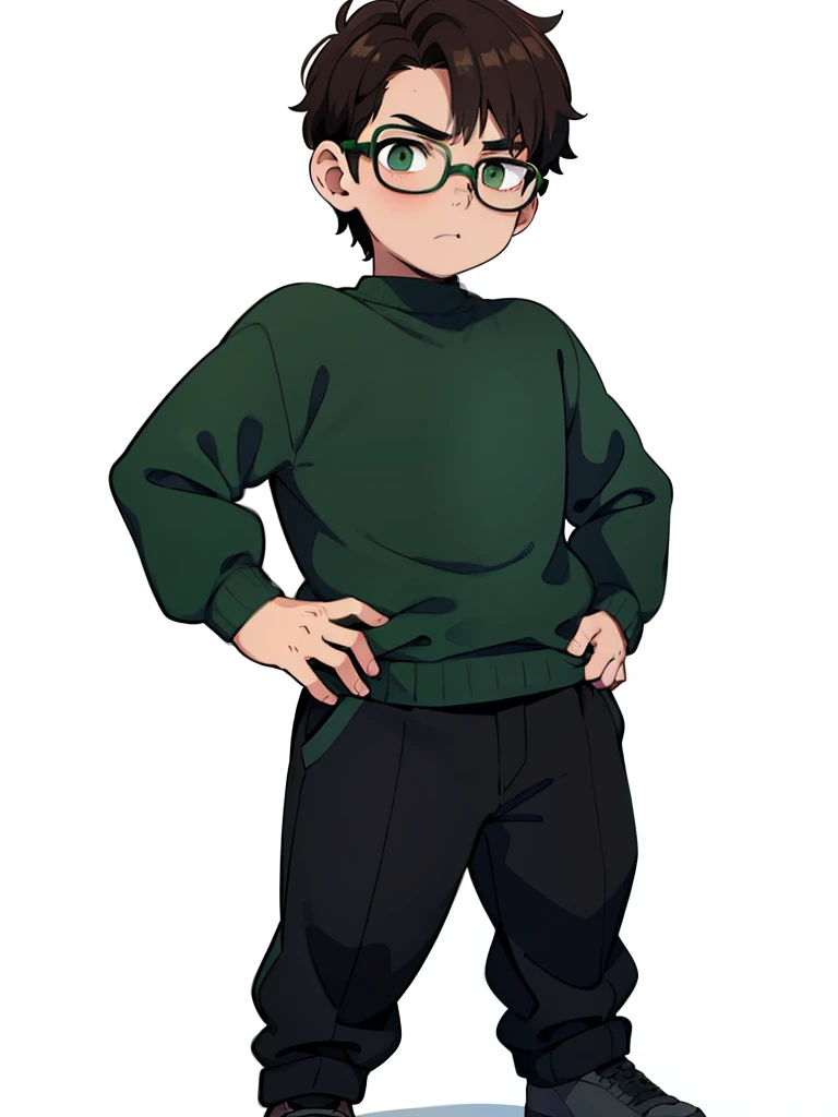 , boy with brown hair, green sweater, black shorts, glasses, completely white background, masterpiece, full body view, cold stare