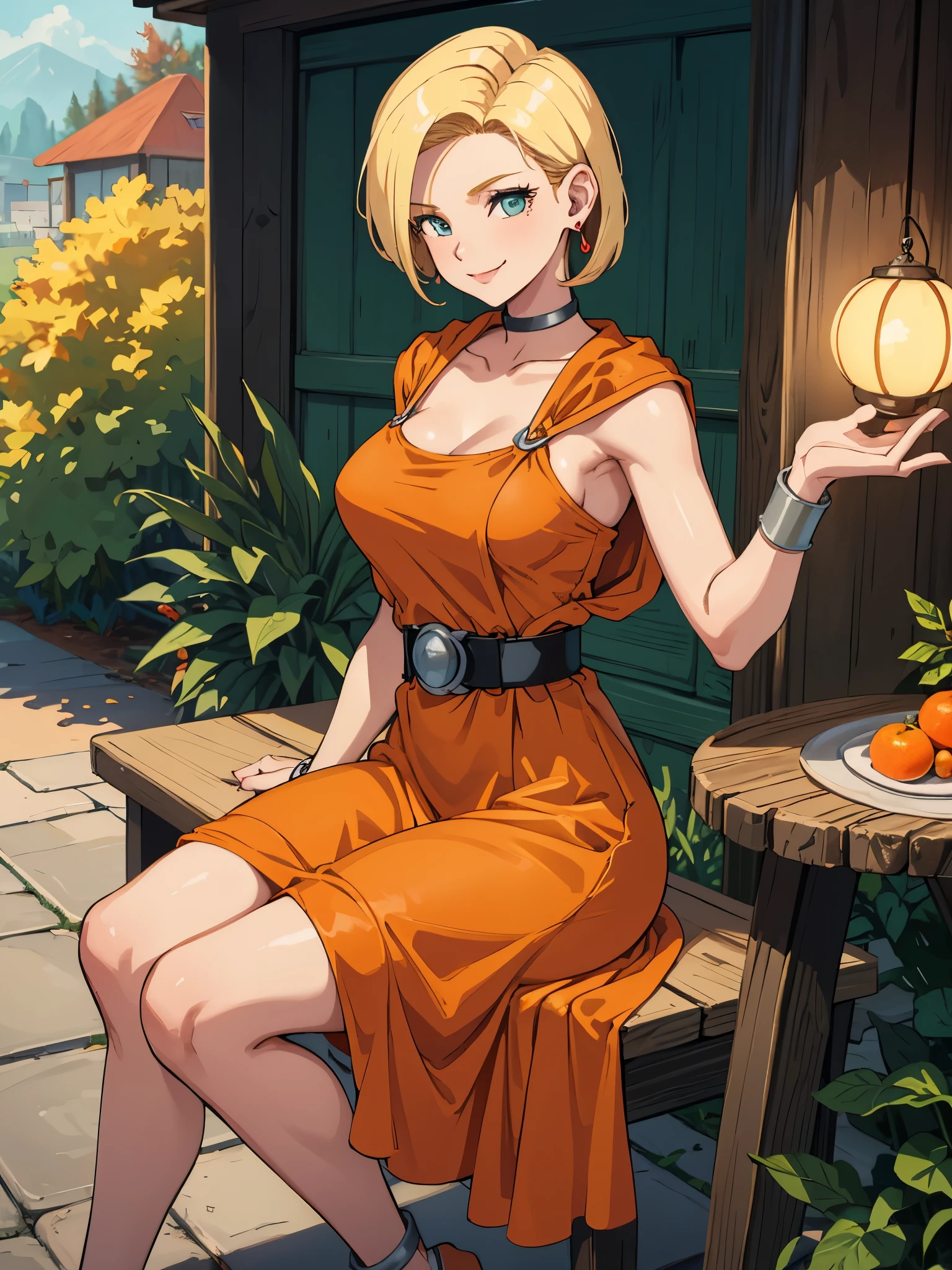 Show your armpits,masterpiece, highest quality, dq bianca, single blade, earrings, choker, orange cloak, green dress, belt, looking at the viewer, big breasts, sitting, Chair, Pouch, autumn, smile