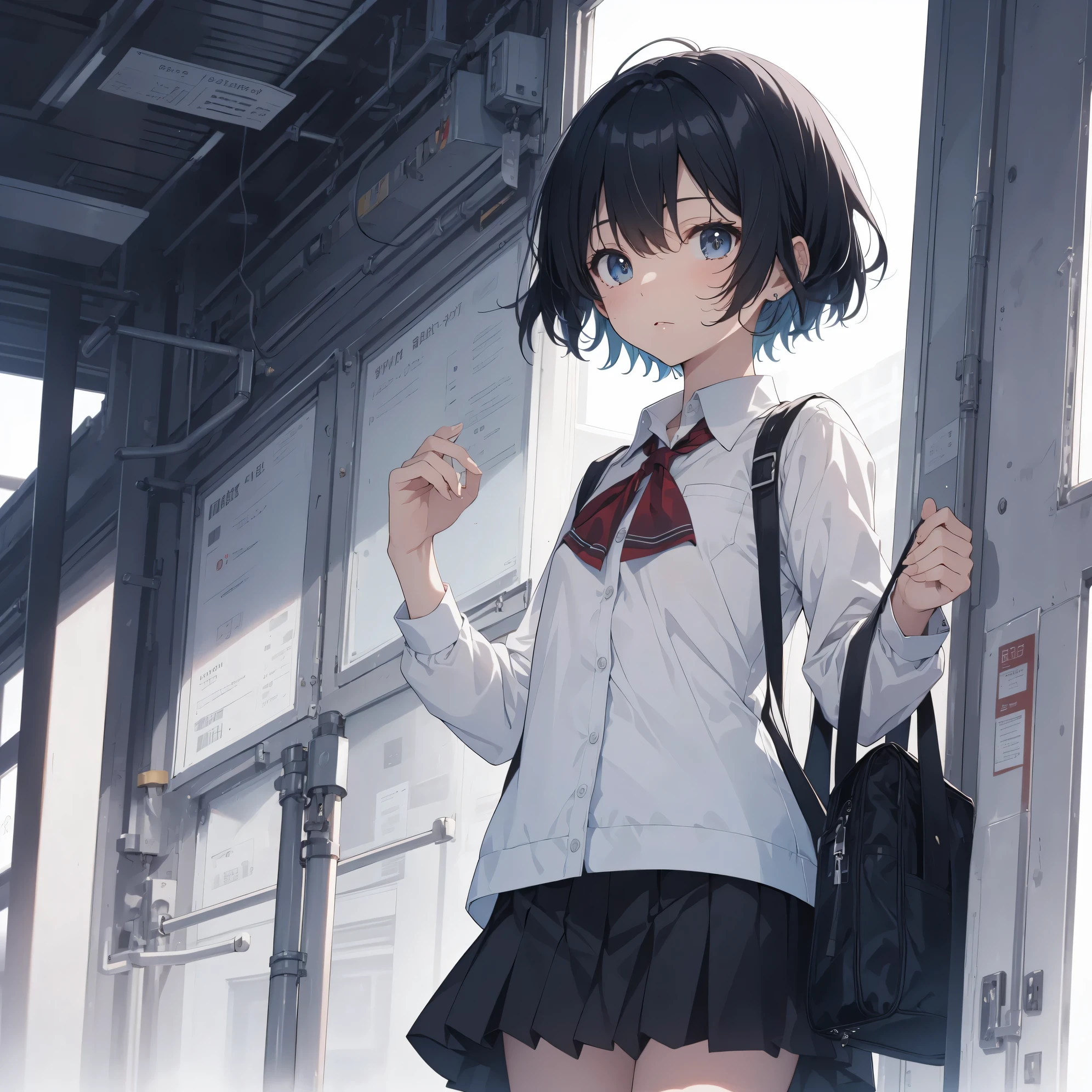 Ultra-highest quality by the art god, super detailed, High resolution, Shinkai Makoto style, anime moe art style, Best Anime 8K Kona-chan Wallpaper, pixiv contest winner, perfect anatomy, break,(Please draw a girl walking sleepily to school alone. )break, girl: (alone,little woman, , :1.3),All limbs, full finger,, (very short hair), bangs, bow, flat chest, small breasts, Because I'm slender, small ass, between legs, Big eyes, detailed and beautiful eyes, Well-proportioned iris and pupils, expressive eyes, High resolutionの詳細な髪, ribbon, skirt, collared shirt, Ascot, pleated skirt, school uniform, shirt, white shirt, school bag,(detailed lighting), (detailed background), On the way to school. break,super dense skin, Best lighting by famous artists, 8k, cute illustration,Hmm, rough skin