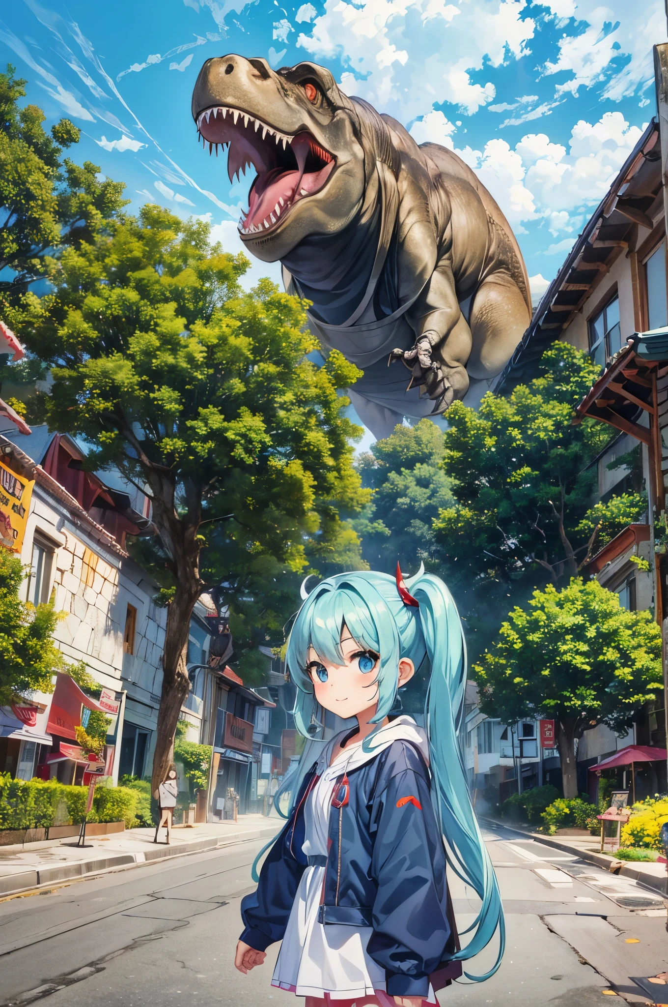 (girl), (t-REX, Tyrannosaurus head:1.3), (Big Museum)、light blue long hair、 Chibi character with twin tails、platinum skin, surprised smile, Earth in primitive times、 Big tree, Little dinosaur