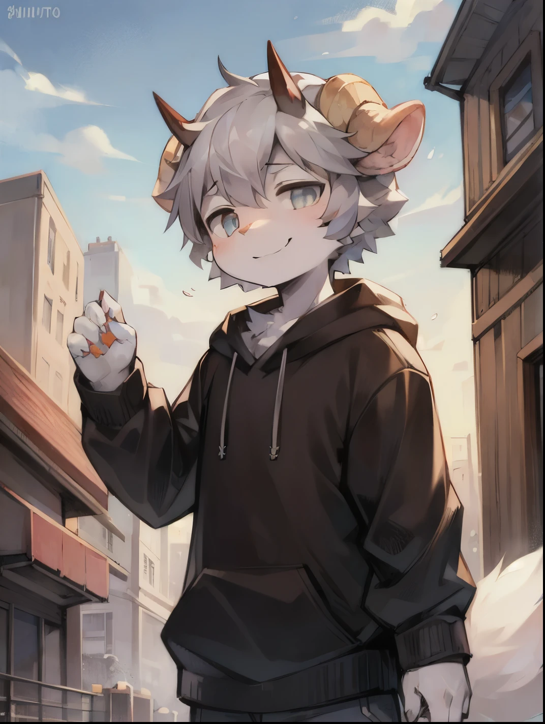 Outdoor panorama,Goat Boy,male focus,furry men,Furry Shota,goat horns,sheep ears,gray hair,Bright Eyes,Smile,