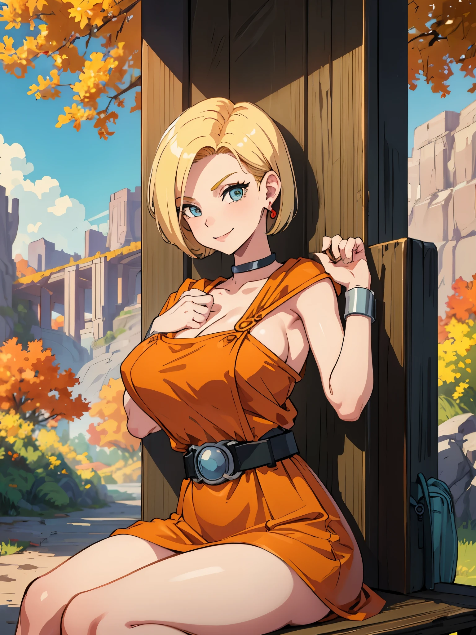 Show your armpits,masterpiece, highest quality, dq bianca, single blade, earrings, choker, orange cloak, green dress, belt, looking at the viewer, big breasts, sitting, Chair, Pouch, autumn, smile 