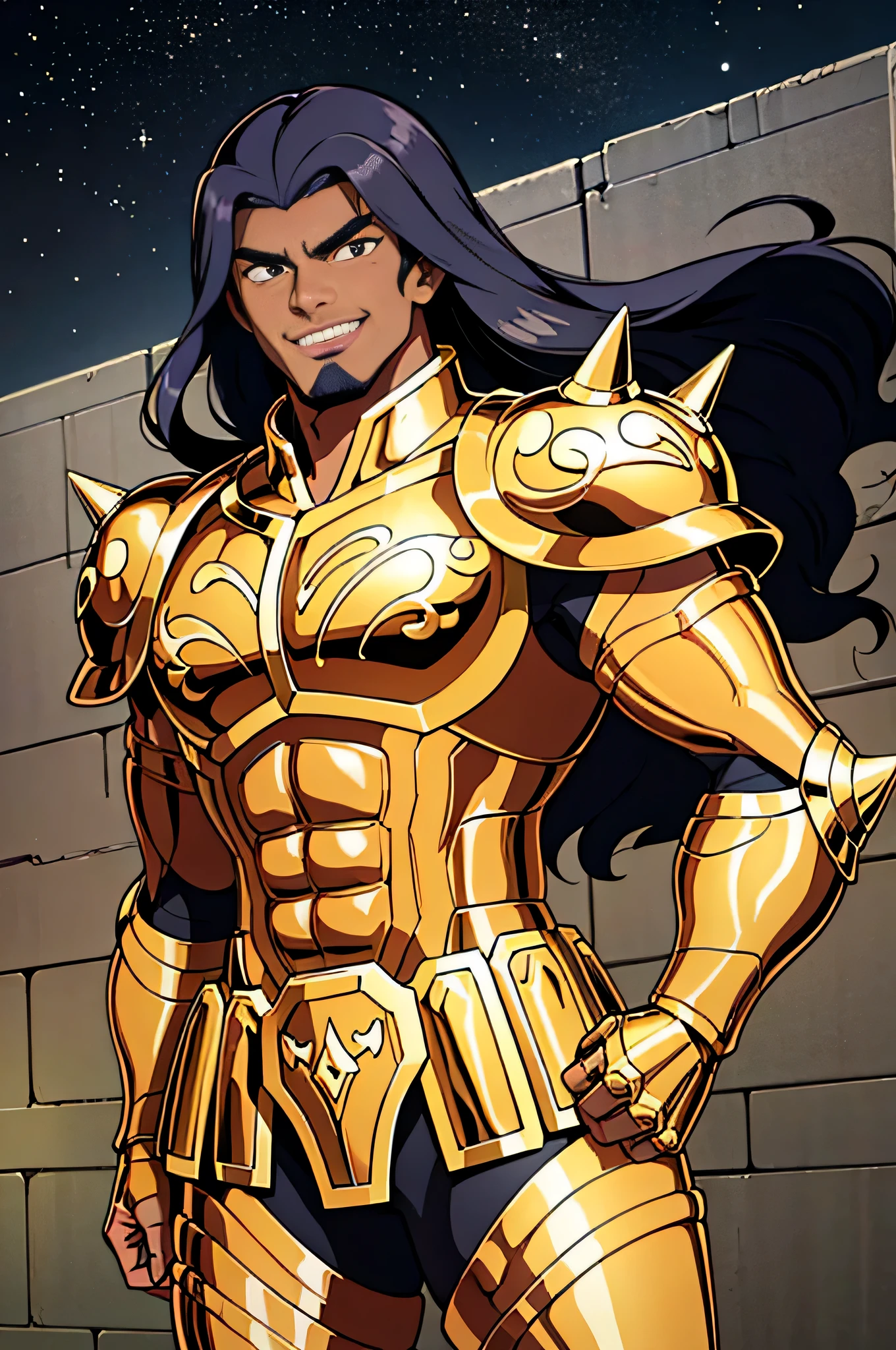 Homem, forte, ((((cabelo preto)))), imponente, imagem de corpo inteiro, masculino, poderoso, sorrindo, imagem detalhada, gold armor, taurus, realistic image, ultra definition, luz perfeita, noite, imagem em 16k