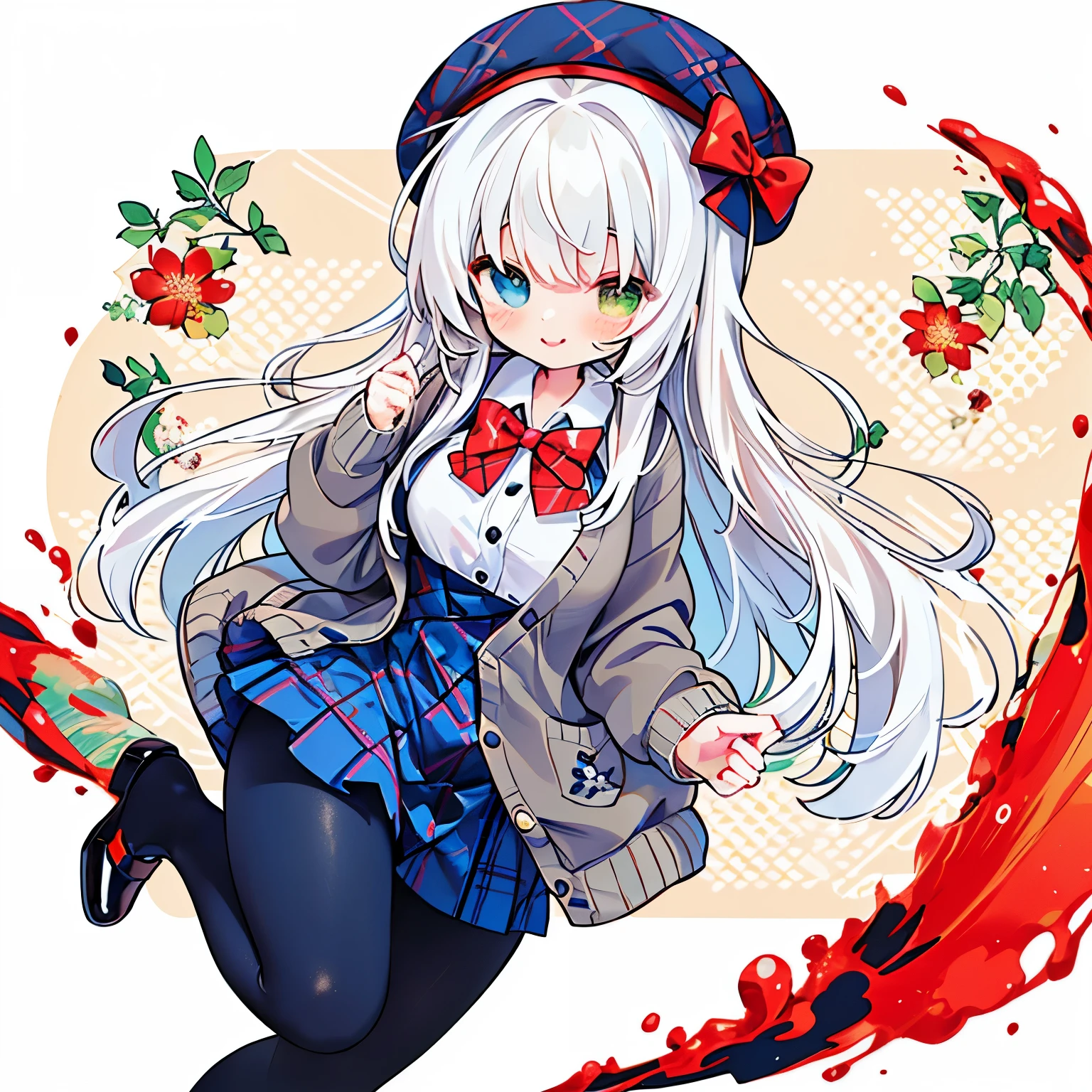(((have a big bouquet：1.8)))、(pastel colour:1.5)、(cute illustration:1.5)、 ((white hair：1.3))、（heterochromia：1.3）、with a girl、smile：1.3、braid hair、laughter、(Vintage beret with flower pin:1.3), 
break 
(navy and red plaid dress:1.5), 
break 
break 
(Ivory blouse with ruffle detail and red bow tie:1.4),
break 
(cardigan:1.3),
break 
(black tights:1.1),
break 
(red mary jane shoes:1.2),The background is a winter wreath