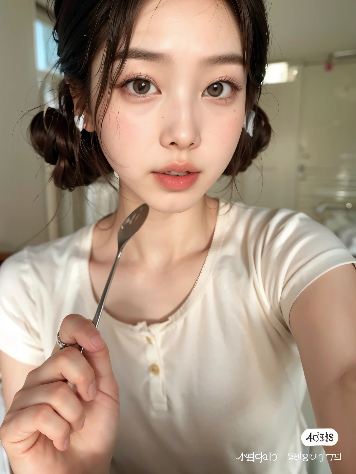 There is a woman holding a fork and a spoon in her hand, young lovely korean face, Linda jovem coreana, linda mulher sul-coreana, Linda jovem coreana,  coreana, fotografia selfie 8k, Retrato realista kawaii, young pale and beautiful asian face, adorable and pale korean face, maquiagem sul-coreana popular, fotorrealista!!!!!!! Estilo de arte, Ulzzang, maquiagem coreana popular