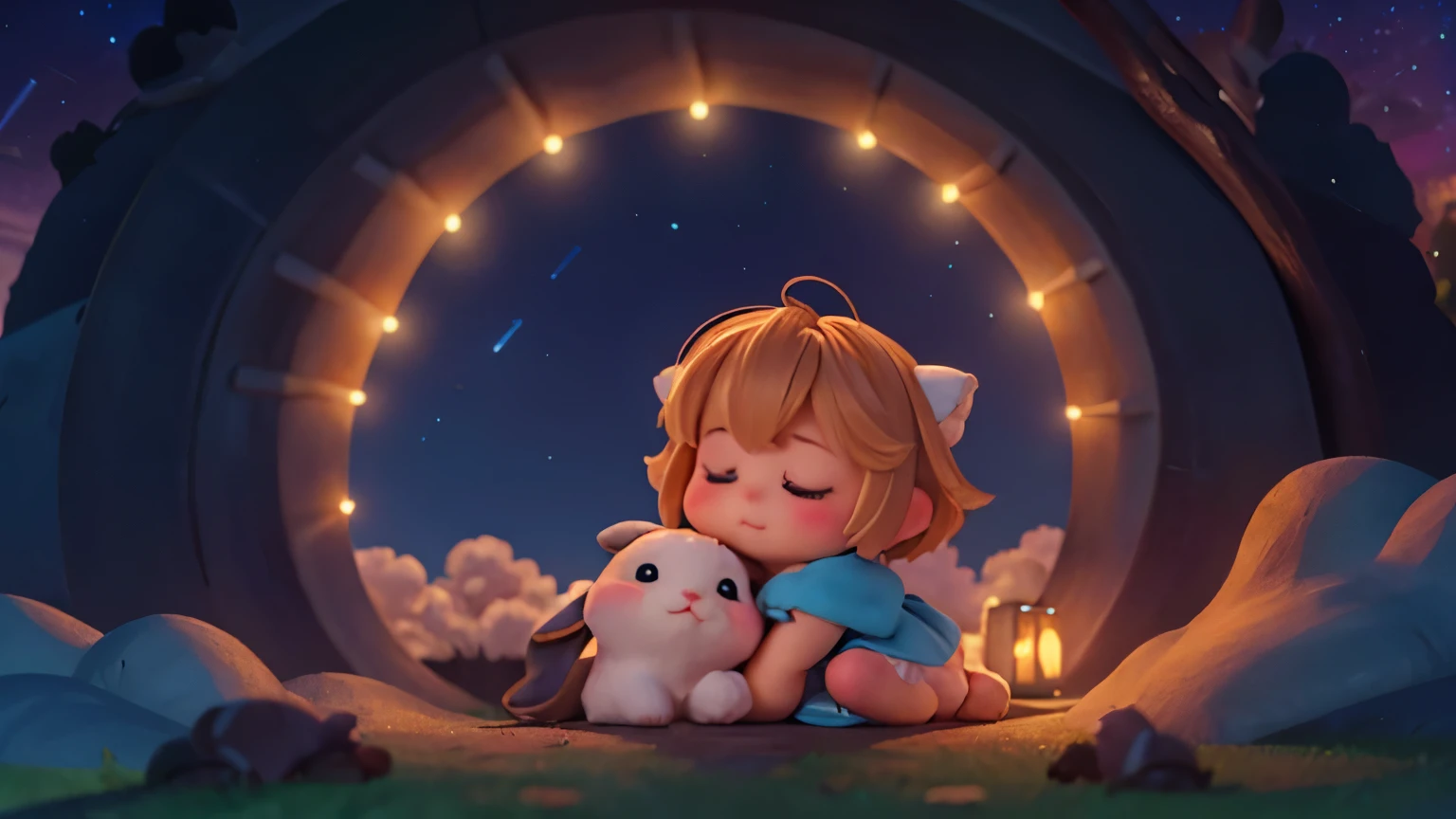 a charming night scene with an adorable little bunny and napping on a fluffy cloud, vestindo uma touca de dormir. The surrounding starry sky illuminates the scene, pintando o fundo com tons azulados que destacam a serenidade do momento. Capturar ocoelhinho ,the sweetness and peaceful atmosphere of the starry night