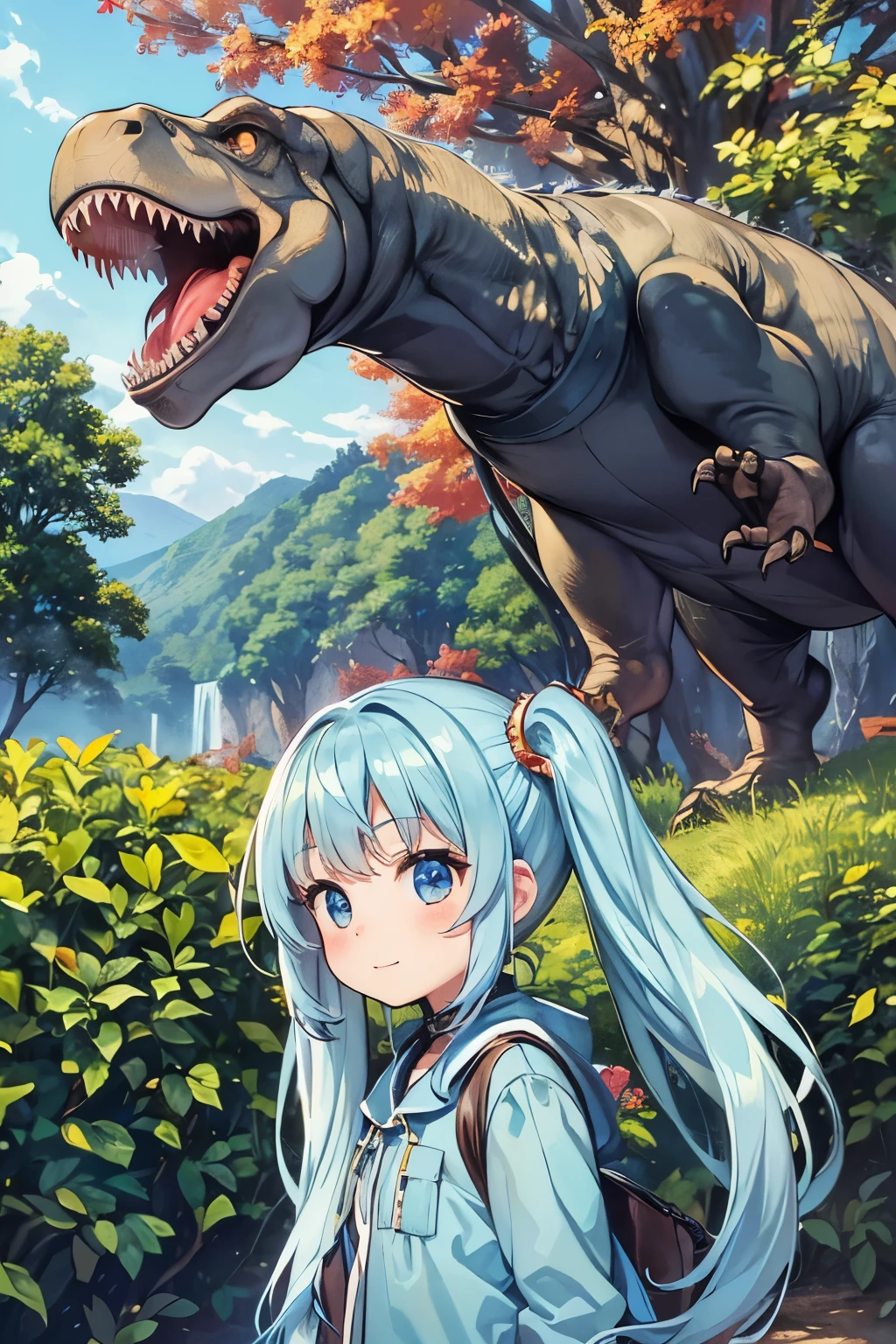 (girl), (t-REX, Tyrannosaurus head:1.3), (Big Museum)、light blue long hair、 Chibi character with twin tails、platinum skin, surprised smile, Earth in primitive times、 Big tree, Little dinosaur