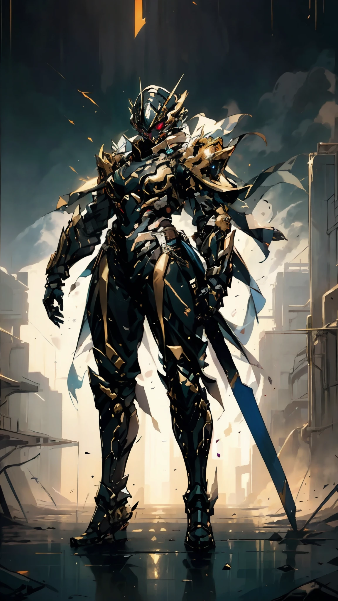 A woman adorned in fantasy-style full-body armor, a crown-concept fully enclosed helmet that unveils only her eyes, a composite layered chest plate, fully encompassing shoulder and hand guards, a lightweight waist armor, form-fitting shin guards, the overall design is heavy-duty yet flexible, (the armor gleams with a golden glow, complemented by red and blue accents), exhibiting a noble aura, she floats above a fantasy-surreal high-tech city, this character embodies a finely crafted fantasy-surreal style armored hero in anime style, exquisite and mature manga art style, (mixture of Queen bee and Spider concept Armor, plasma), ((Element, elegant, goddess, femminine:1.5)), metallic, high definition, best quality, highres, ultra-detailed, ultra-fine painting, extremely delicate, professional, anatomically correct, symmetrical face, extremely detailed eyes and face, high quality eyes, creativity, RAW photo, UHD, 32k, Natural light, cinematic lighting, masterpiece-anatomy-perfect, masterpiece:1.5