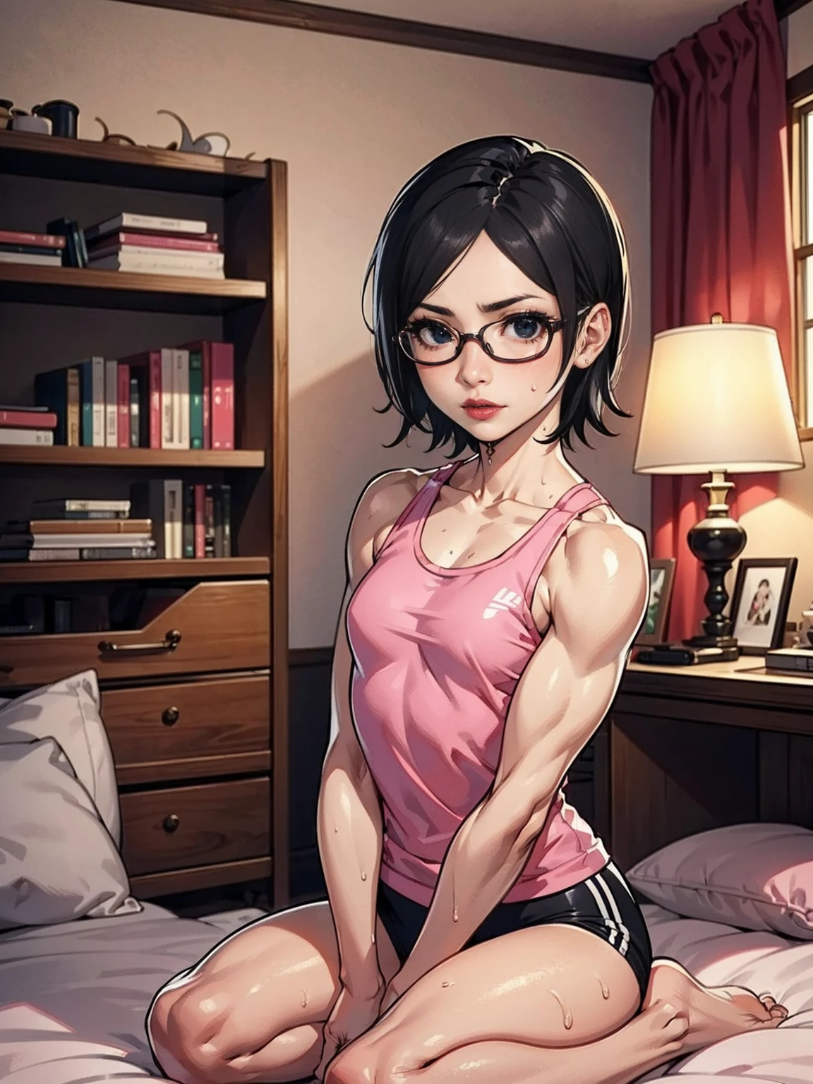 (solo, 1girl, short hair, uchiha sarada, glasses, (black eyes), sarada uchiha),masterpiece, best quality, 1girl, moist skin, detail skin, tank top, ghibli style, (sitting:1.1), barefoot, (kawai, messy room:1.2), cowboy shot, glasses, short hair, black eyes, black hair, flowers, slim body, sweat, wet, sweat body, wet clothes, on the floor, (Original, small breasts, 1girl, solo), (very detailed wallpaper) , (best quality) , (work of art) ,struggling posture, artistic dedication, very detailed illustrations, (pink lipstick) , beautiful eyes, (Delicate Face) , perfect detail, (best lighting ), (super complex details), ((Alone, Sarada Uchiha, ((black eyes, pink lipstick, small breasts,  muscular, fitness)), (wearing glasses, short hair, serious facial expression), confident))