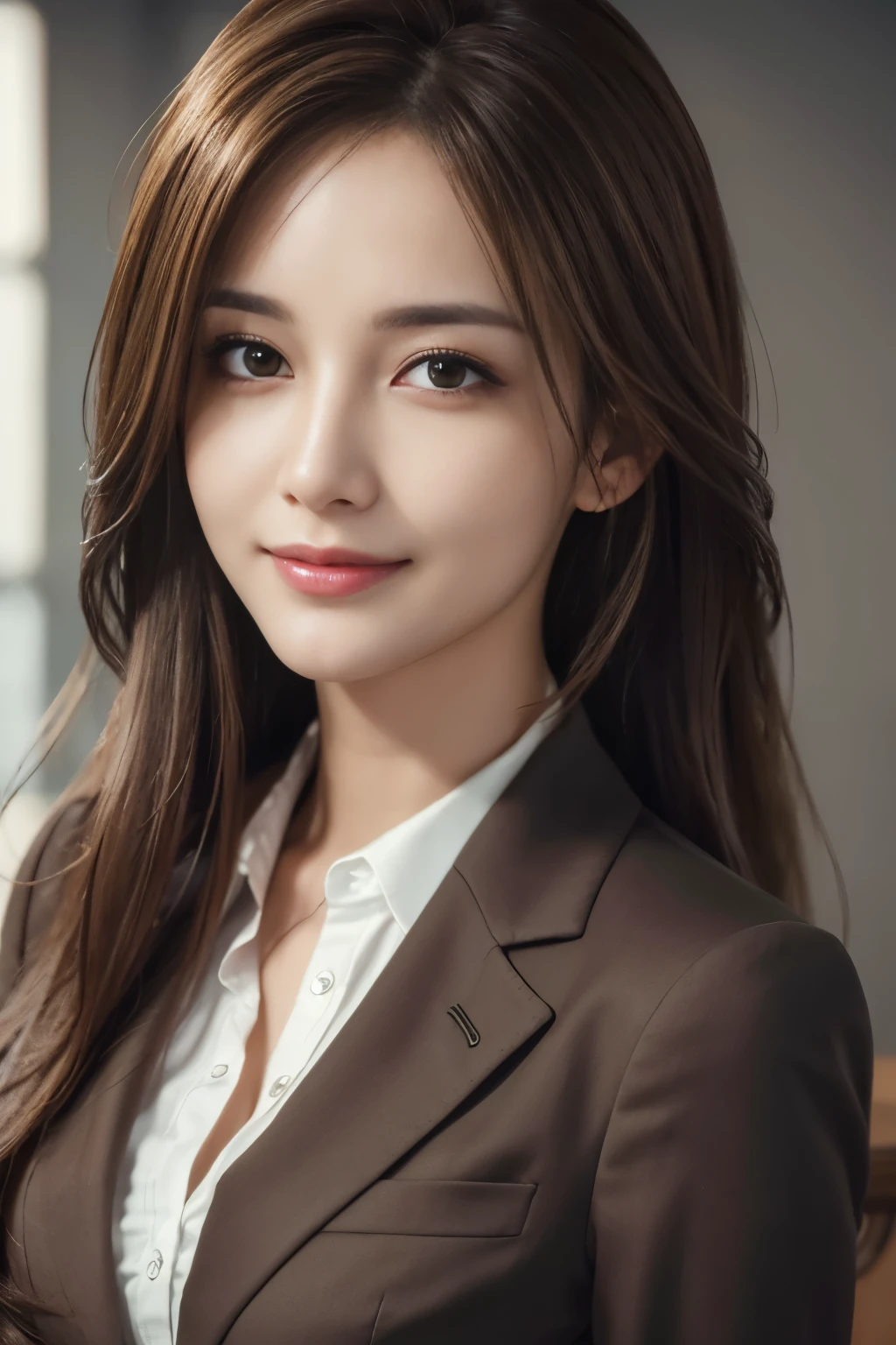 table top, highest quality, realistic, Super detailed, finely, High resolution, 8k wallpaper, 1 beautiful woman,, light brown messy hair, wearing a business suit, sharp focus, perfect dynamic composition, beautiful and detailed eyes, thin hair, Detailed realistic skin texture, smile, close-up portrait, model body shape
