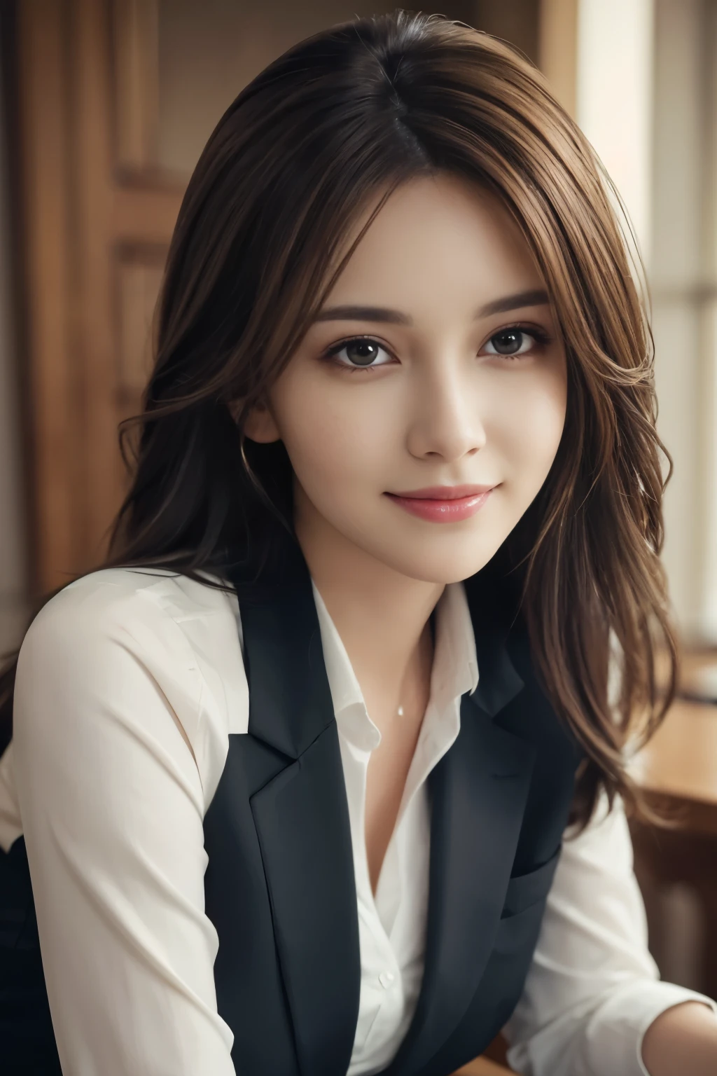 table top, highest quality, realistic, Super detailed, finely, High resolution, 8k wallpaper, 1 beautiful woman,, light brown messy hair, wearing a business suit, sharp focus, perfect dynamic composition, beautiful and detailed eyes, thin hair, Detailed realistic skin texture, smile, close-up portrait, model body shape
