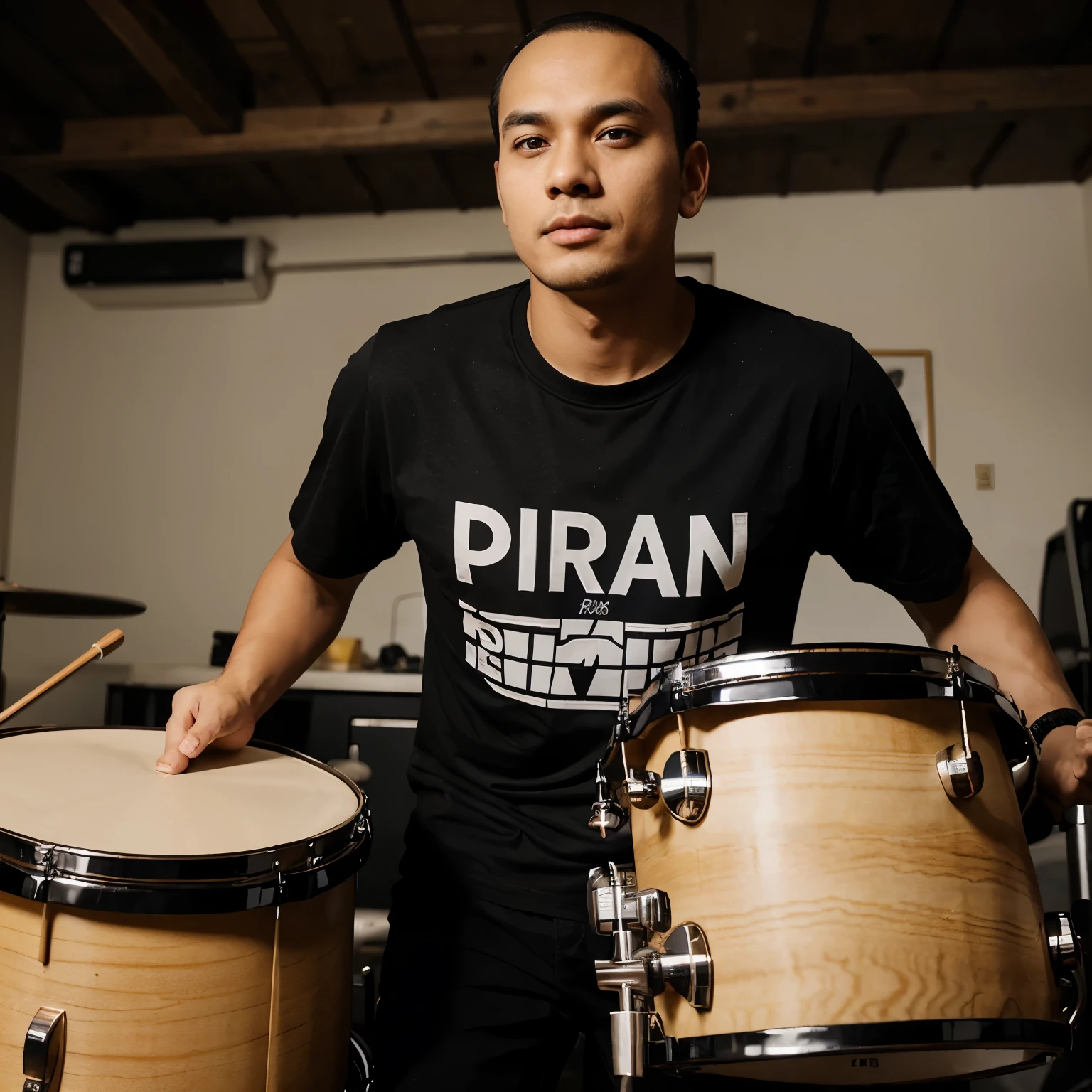 A man in a black shirt with the word IPIN written in his 20s was playing the drums