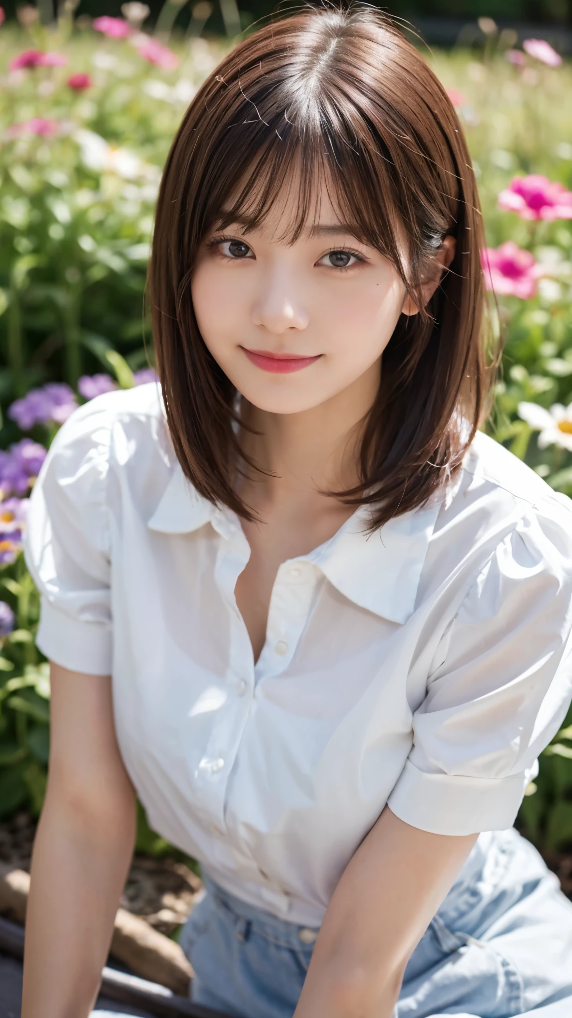 (highest quality,masterpiece:1.3,ultra high resolution),(Super detailed,caustics,8k),(photorealistic:1.4,RAW shooting),(girl lying in a flower field),18-year-old,cute,Japanese,black short hair,look up at the camera with a smile,white blouse,(big ),bust up shot,(high position),(high angle),face focus,face close up,bright light,Natural light,professional writing