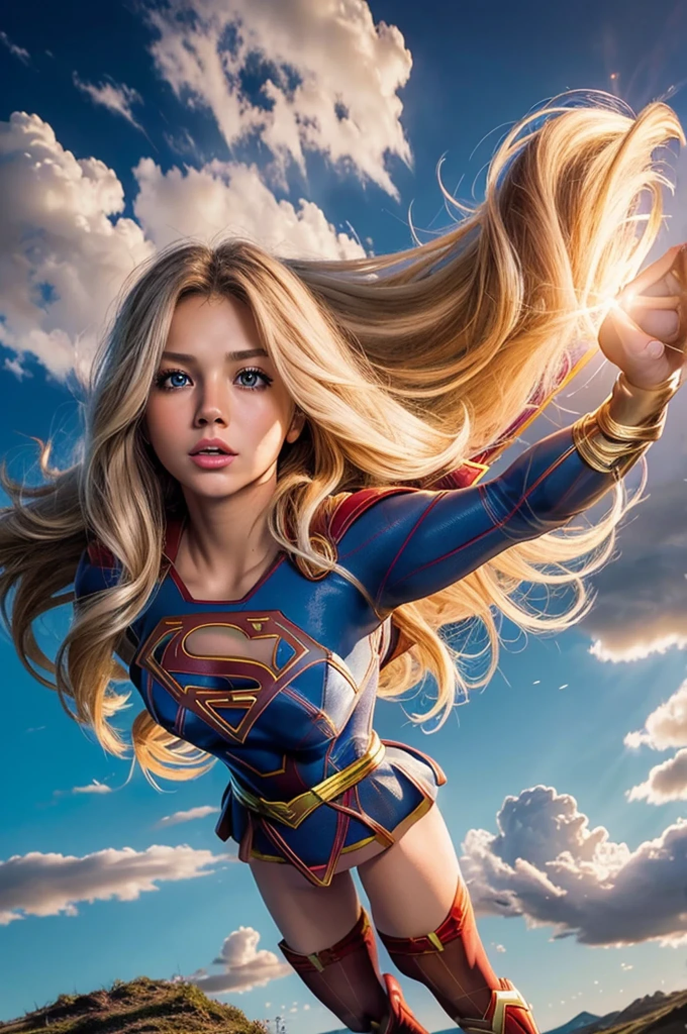 18 year old Brandi Brandt, ultra-detailed face, long platinum blonde wavy messy hair, ultra-detailed Nordic eyes, huge breasts, (flying, clouds), (((masterpiece, supergirl))).