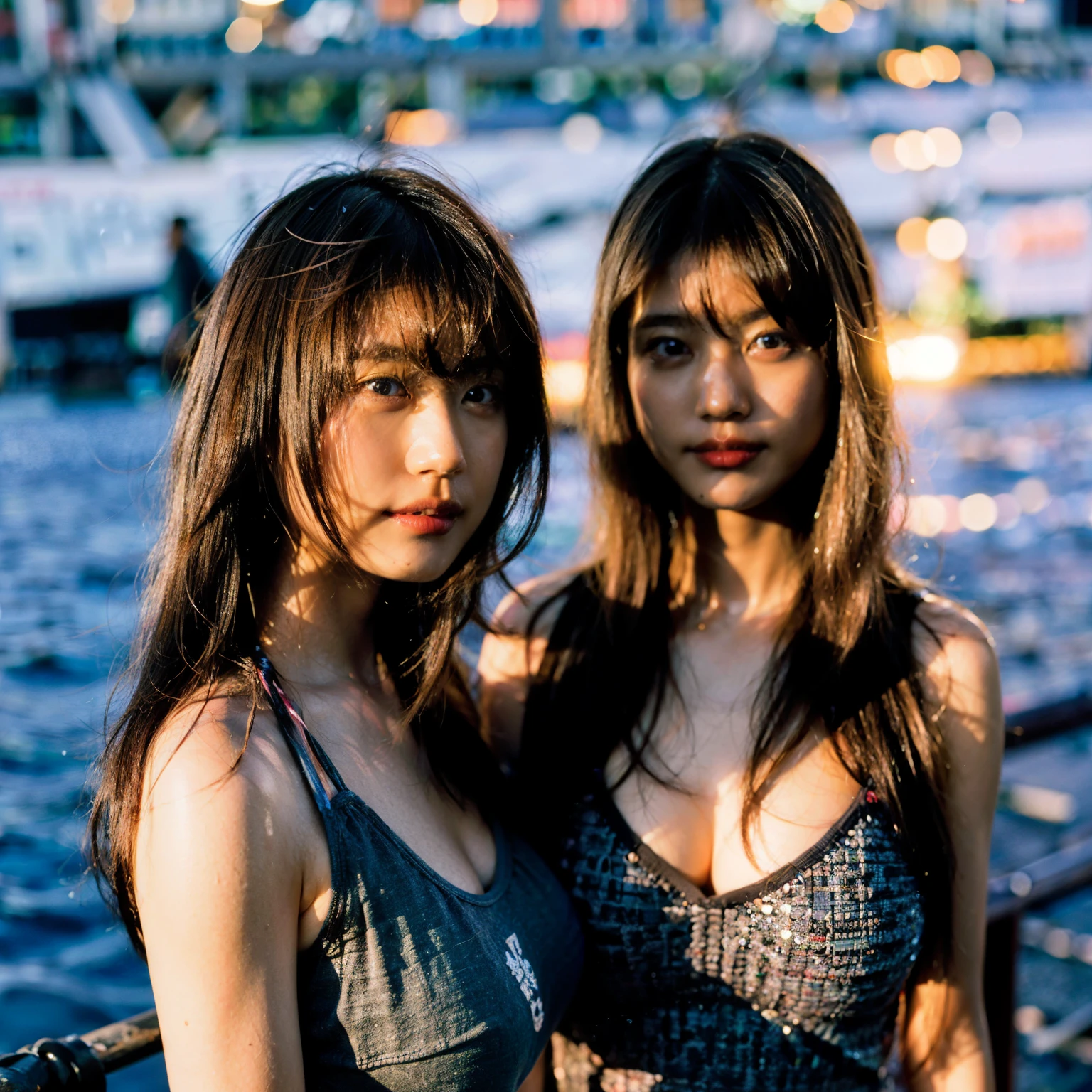 highest quality、Super high resolution、(Photoreal:1.4)、identical twin sisters、Swimsuits that are not too revealing、(faded ash gray hair:1)、(huge breasts:1.2)、looking at the viewer、Close-up、big、sunset