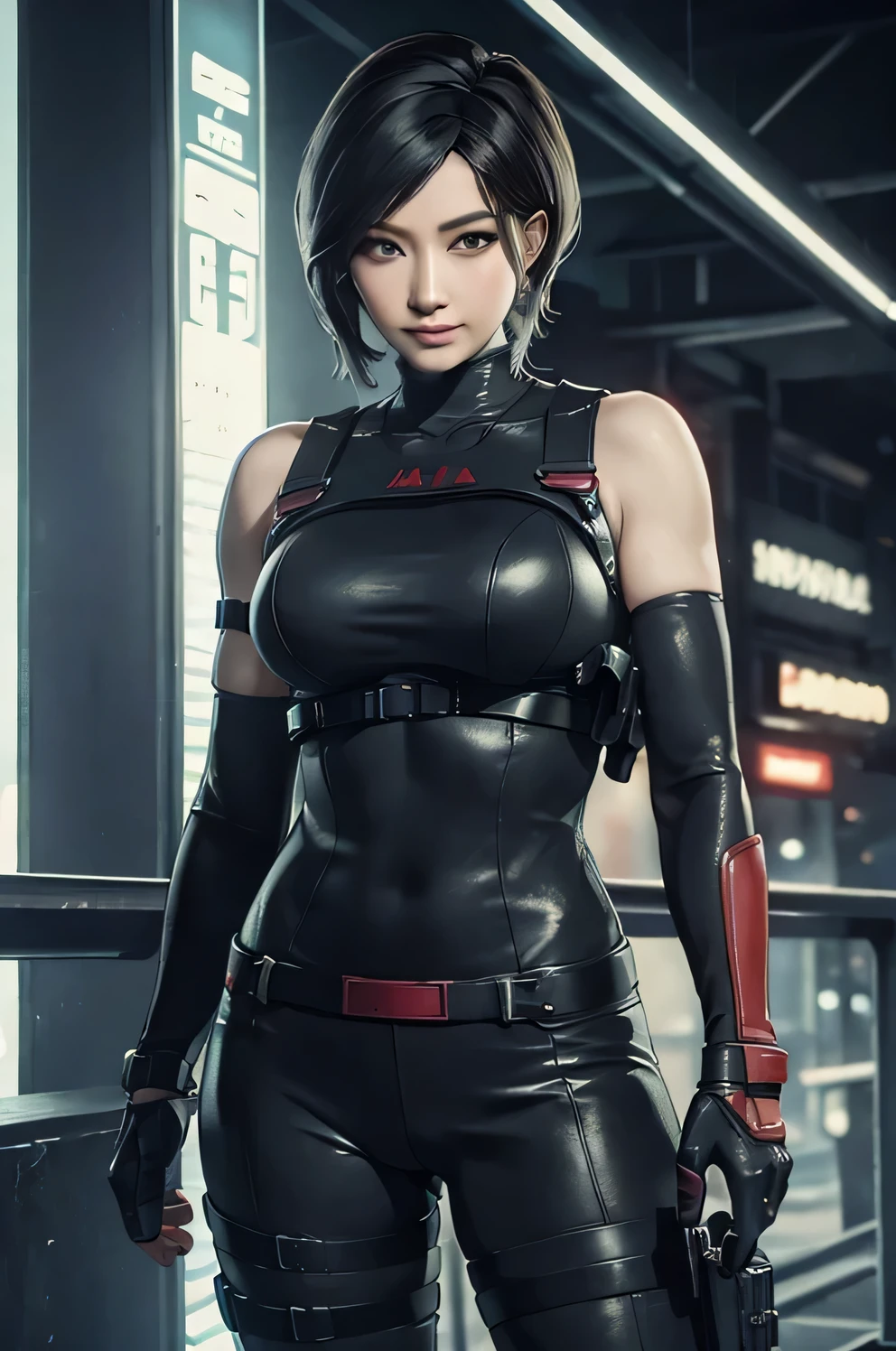 ((best quality)), photorealistic, photorealism, Photorealistic, high resolution, 1girl aiming with an assault rifle, Beautiful, Baby Face, 20 Years Old, White Skin, pale skin, Large Breasts, huge breast, Combat pose, looking at the camera, (Detailed face), short hair, sexy body, (wearing latex rubber suit, tactical vests, military harness, black gloves, high-tech headset), cloths color based on black dark blue), revealed thigh, Gun, Fingers are occluded, concrete city background,