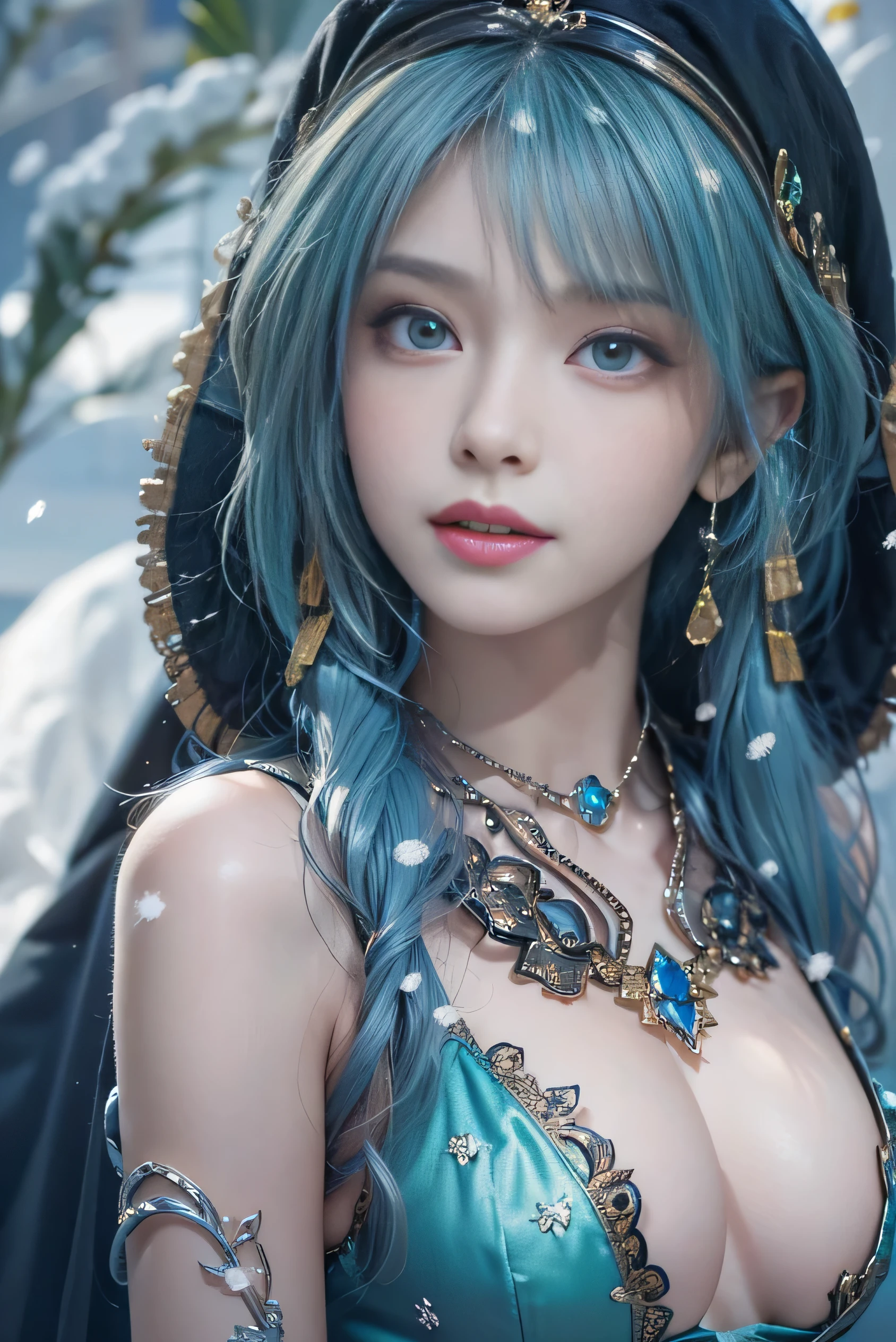 (photorealistic:1.8, highest quality:1.8,8K masterpiece:1.8,High resolution,muste piece:1.8),snow mountainに立つ1人の23歳の女性,fantasy,(sexy mini dress、Transparent Shawl、Elegant earrings、choker), beautiful detailed blue eyes:1.7,double eyelid:1.6,beautiful skin:1.8, (looking at the camera:1.2),(Photo seen from below:1.3),(long Hair:1.2,Fluffy Bob Cut,Beautiful shining blue lime hair:1.5), expression(Sly Smile:1.3,face turns red:1.3),(Moderate chest:1.3),Pause(Seductive pose:1.5),background(snow scene:1.5,snow mountain:1.3,fairyland forest,Crystal Castle),(slender:1.2),(detailed perfect face),normal hands:1.5,normal finger:1:5,normal feet:1.5,(cameltoe)