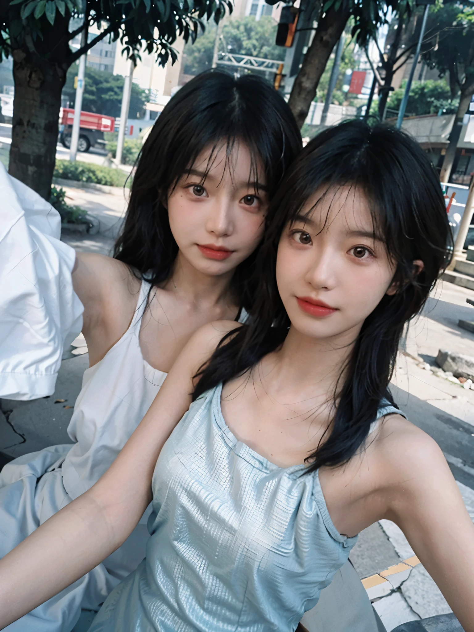 Film portrait photography, 2 girls, 2 girls，background：sun，twin，bare shoulders, Shoulder length wavy hair, Snow-white cheongsam，(Realistic and detailed eyes, natural skin texture, Realistic facial details),, depth of field, Bokeh, Vibrant details, Detailed and detailed, Surrealism, 35mm film, hazy, ,Selfie，