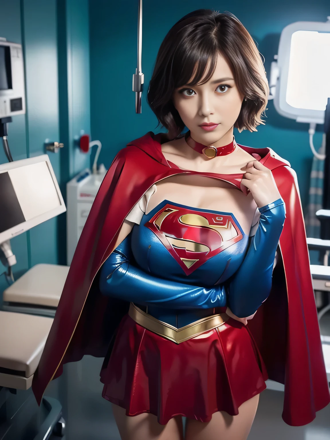 masterpiece,Short-haired Supergirl shows off her thighs on the hospital operating table、Crisis situation、big and full breasts、look at the camera、shiny enamel costume、Gorgeous red enamel long boots、shiny red skirt、choker、long sleeve、Fluttering cloak、seductive gesture、sexy pose、