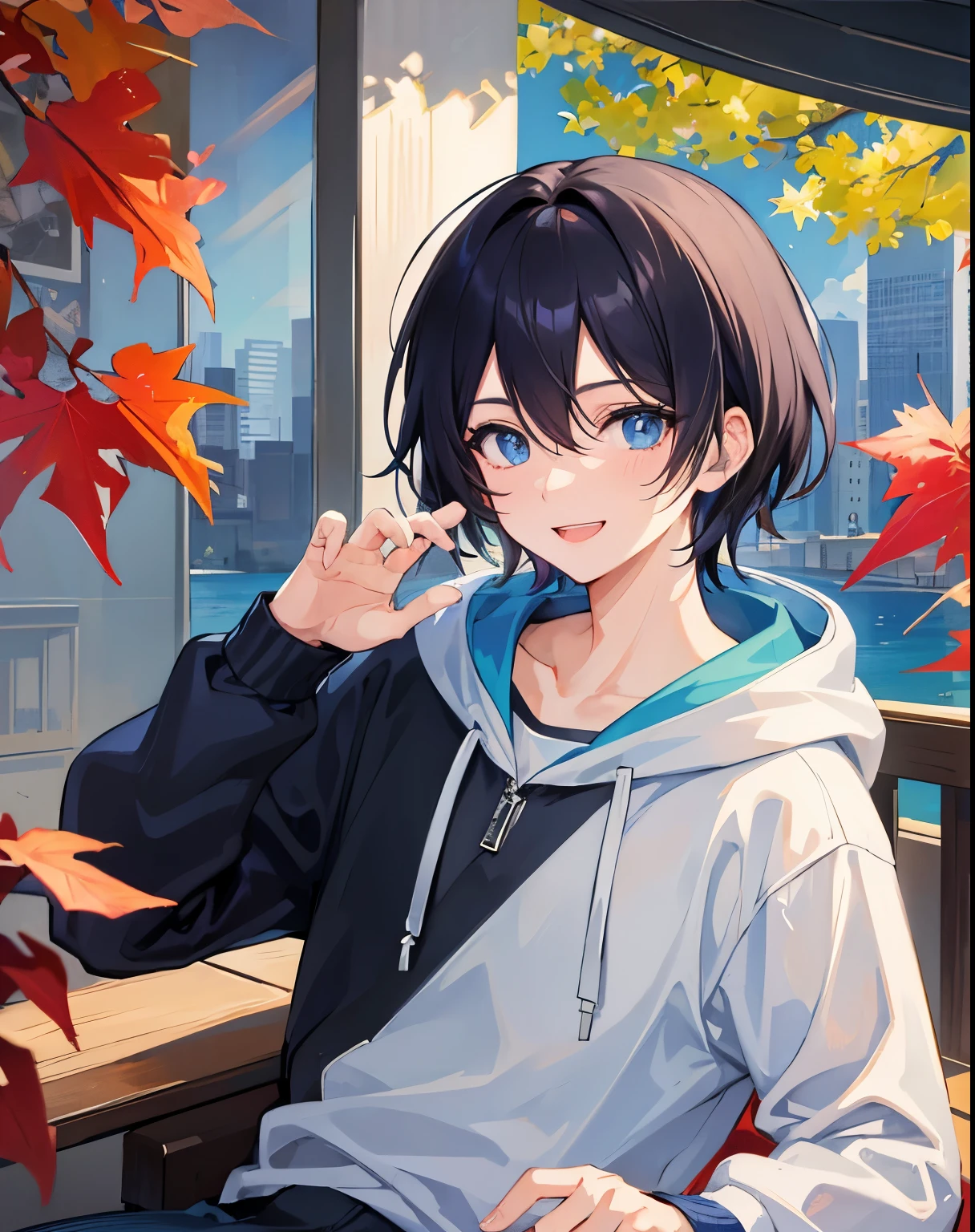 Masterpiece、fall, cute guy, blue eyes, black hair, Put on a hoodie., A cheerful smile, ((High quality)) sunlight