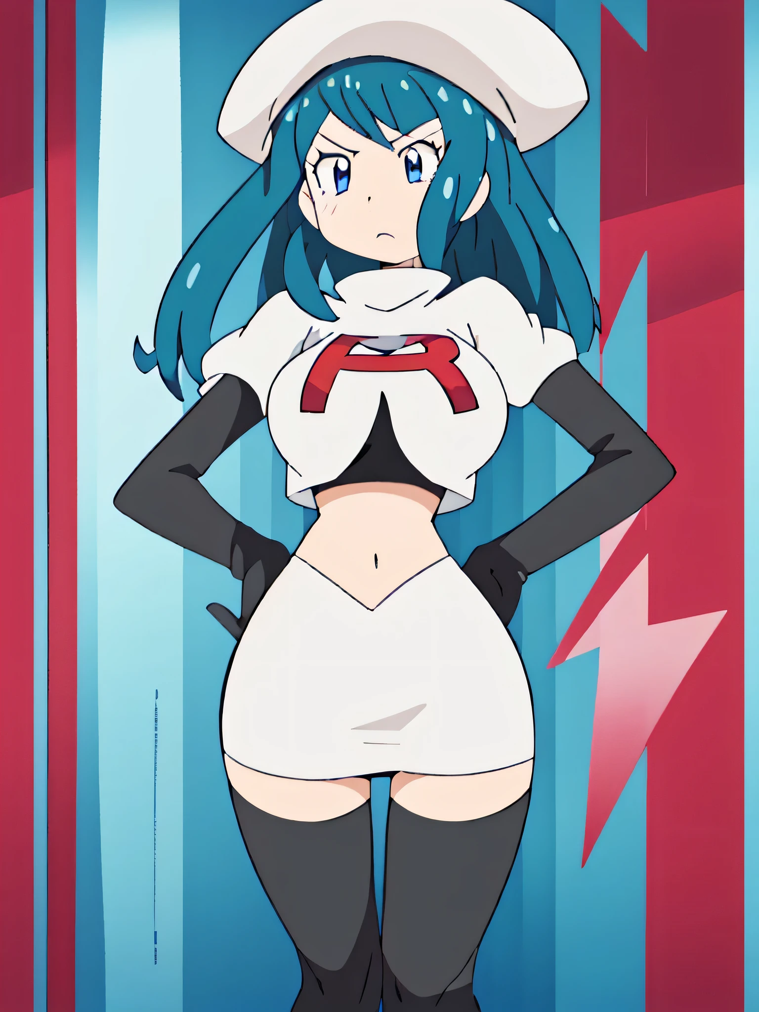 8k, ,1girl in, (solo:1.1), (perfect body:1.1), (best quality:1.1), very large breast, team rocket uniform, red letter r, white skirt,white crop top,black thigh-high boots, black elbow gloves, glaring angrily, looking down at viewer, hands on hips,zettai ryouiki,cowboy shot, Marianne von Edmond