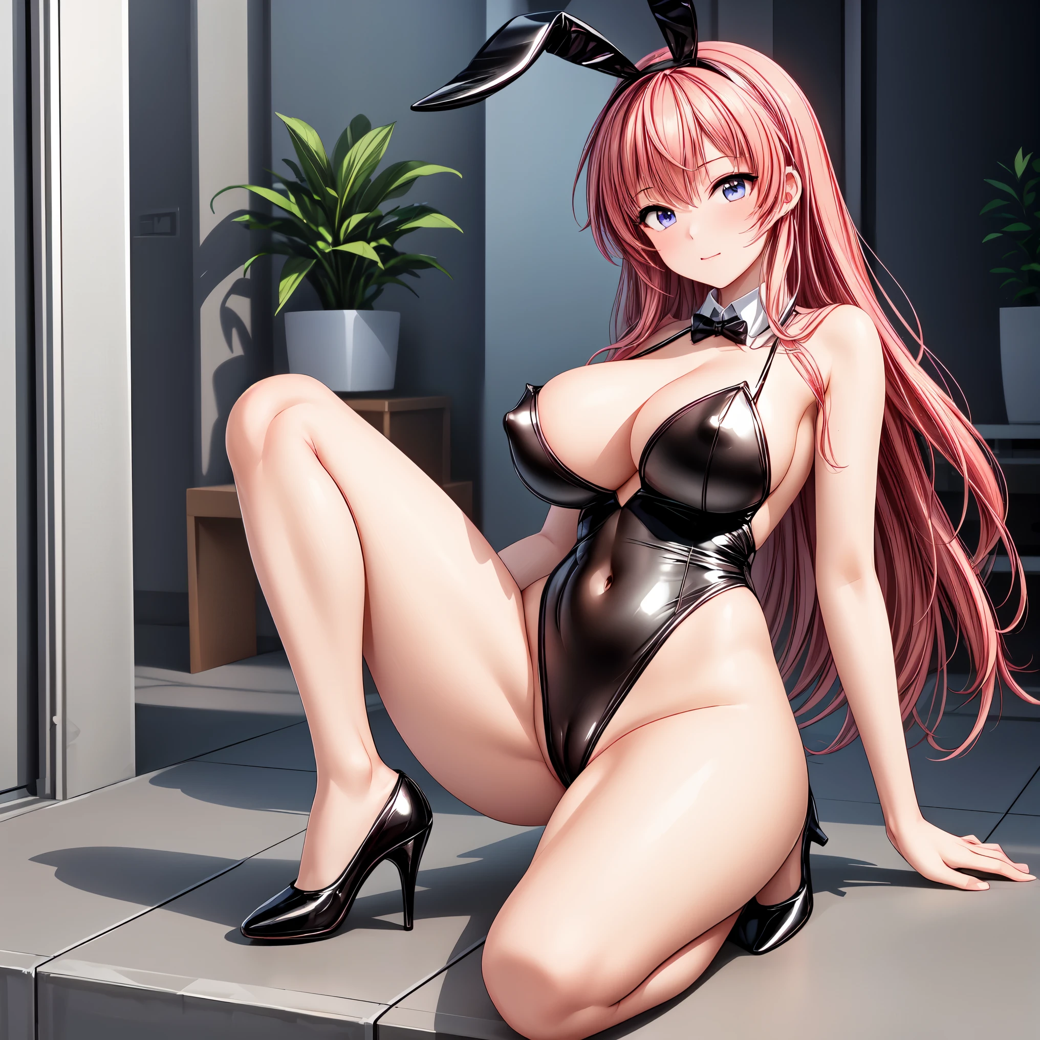 masterpiece, highest quality,beautiful eyes, beautiful hair, beautiful face, beautiful skin, solo, 1 girl, erect nipples, high heels, anime girl, (全身), curvy, beautiful breasts, bare legs,shiny skin, cleavage,輝く目, pink playboy bunny, bare shoulder, bare neck, bare navel, bare collarbone, すべすべの肌, 輝く肌, 柔らかい肌, 肌にぴったり